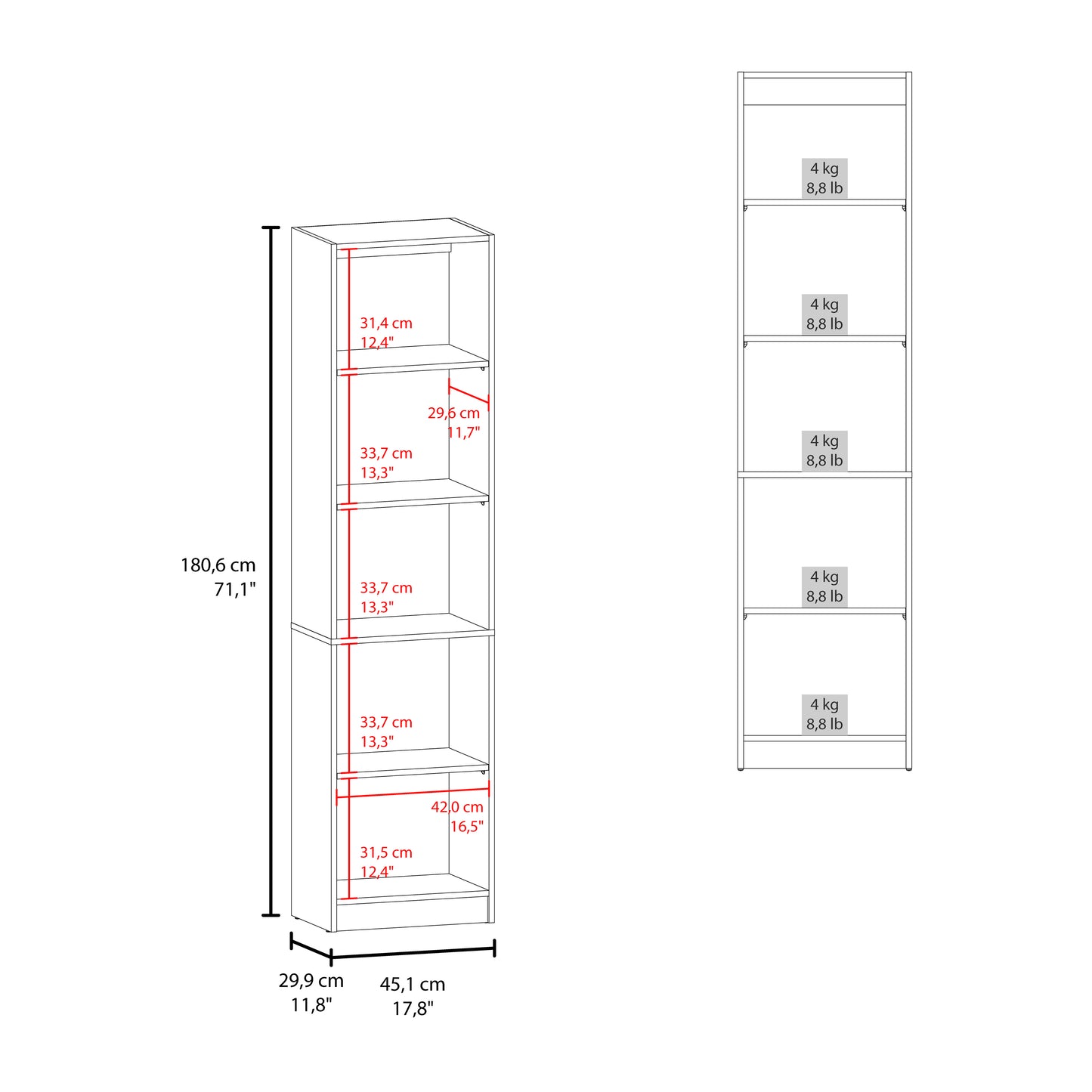 Home Slim 5 Shelves Narrow Bookcase - Walnut Finish for Living Room