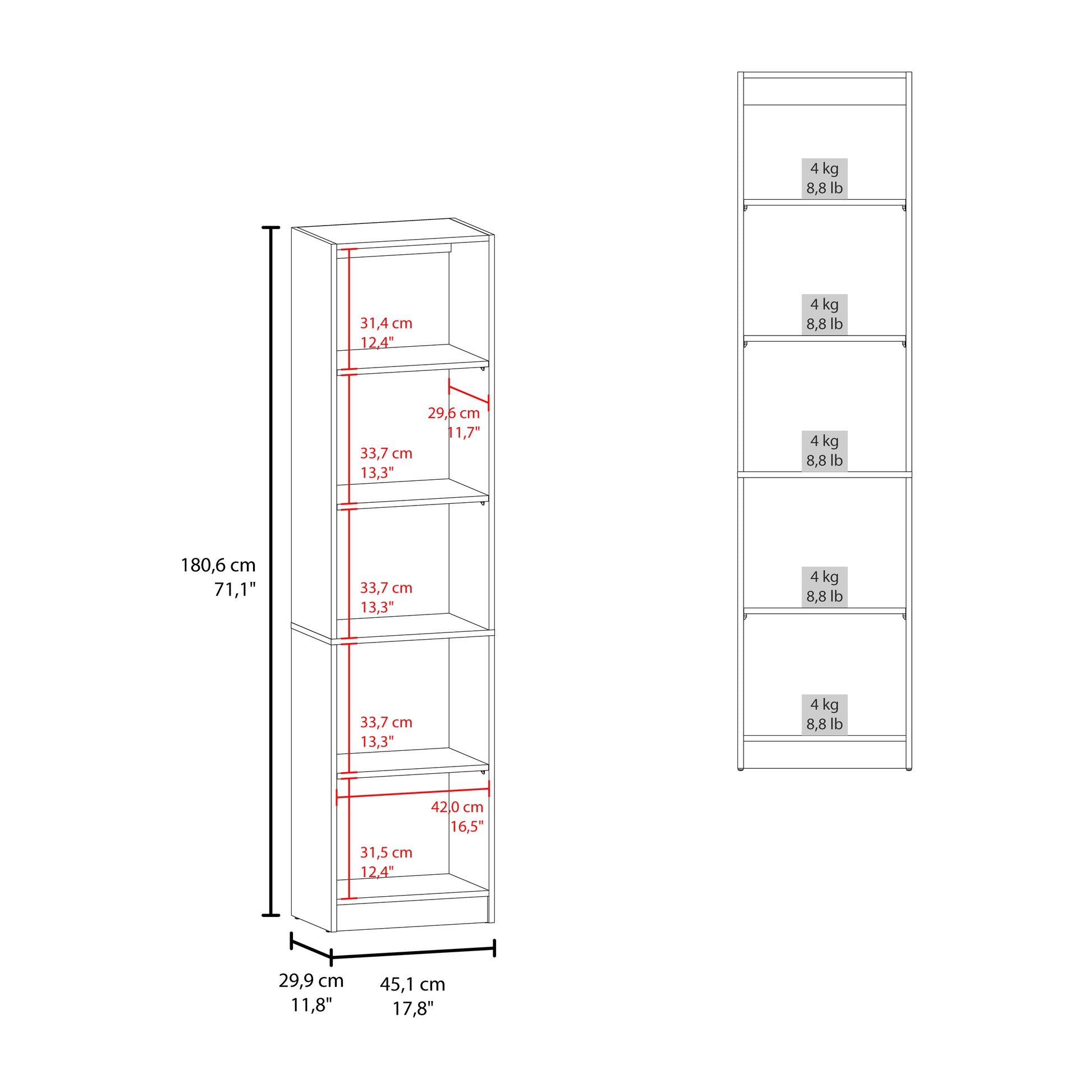 Home Slim 5 Shelves Narrow Bookcase - Walnut Finish for Living Room