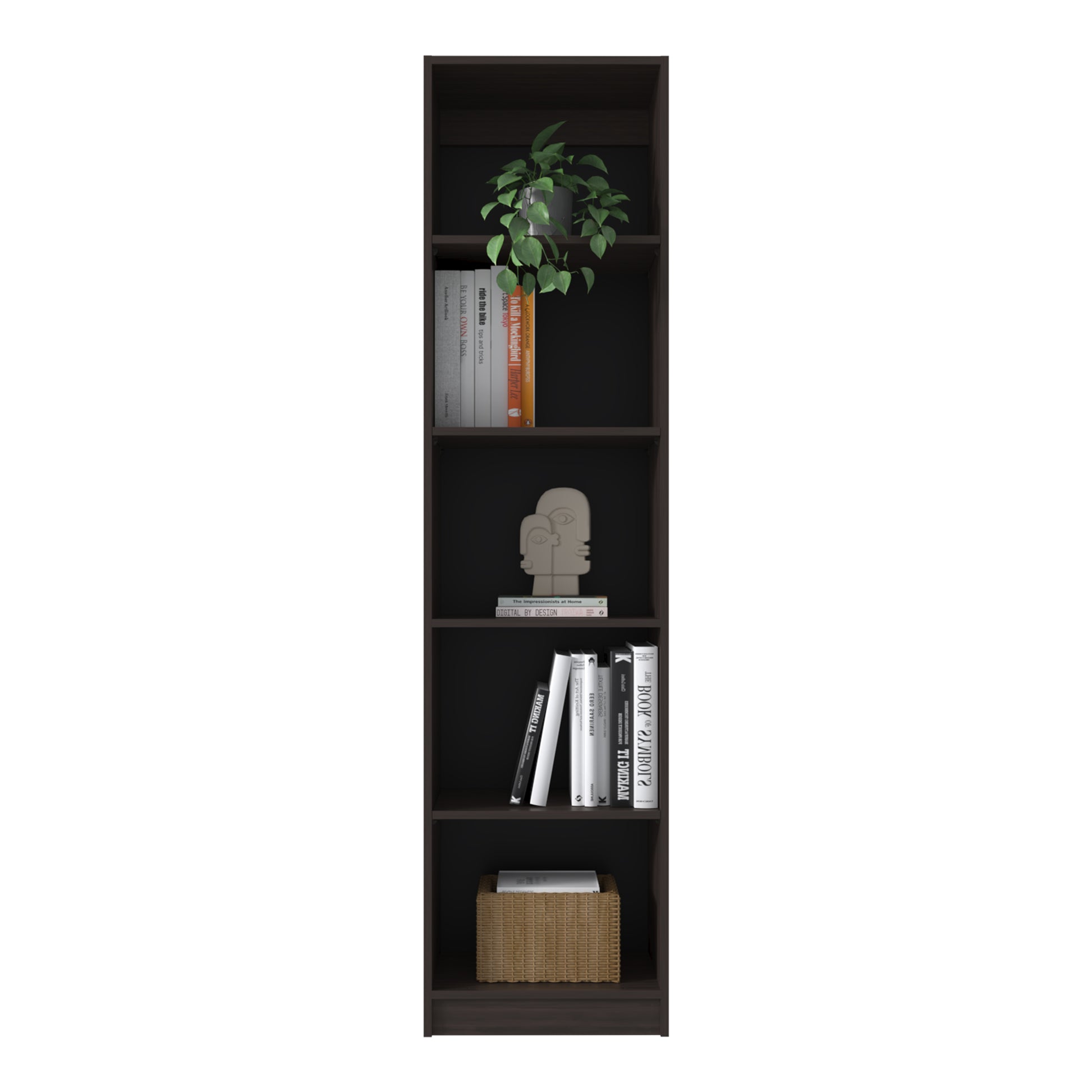 Home Slim 5 Shelves Narrow Bookcase - Walnut Finish for Living Room