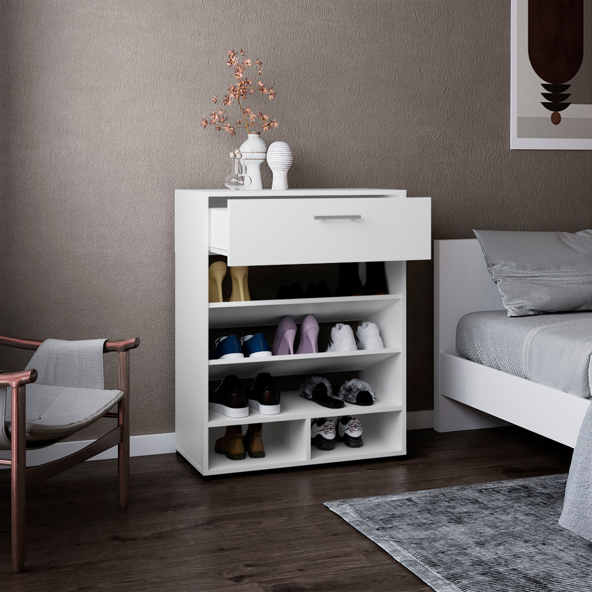 White 3-Tier Shoe Rack with Drawer - Entryway Storage for Living Room