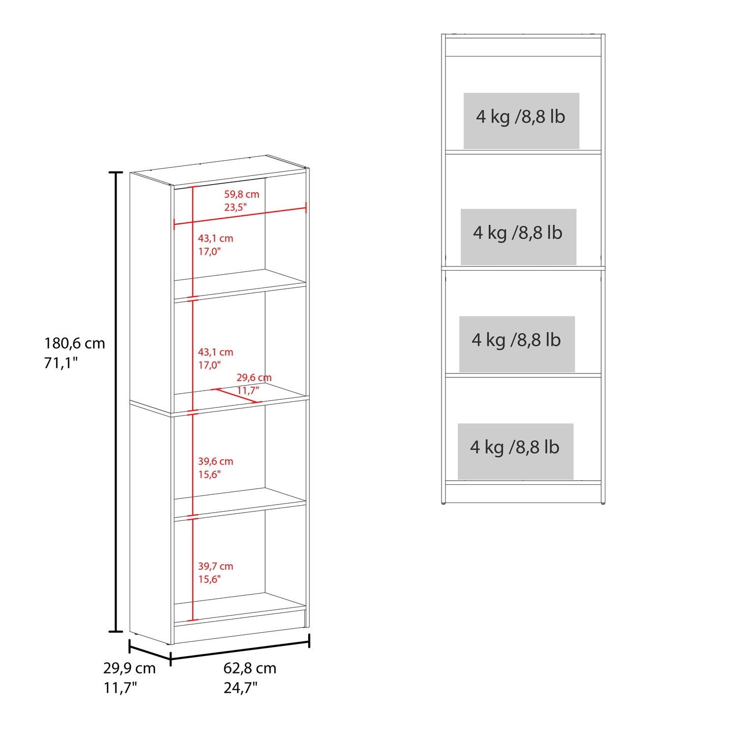 4-Shelf Bookcase Tall Walnut Display Shelves