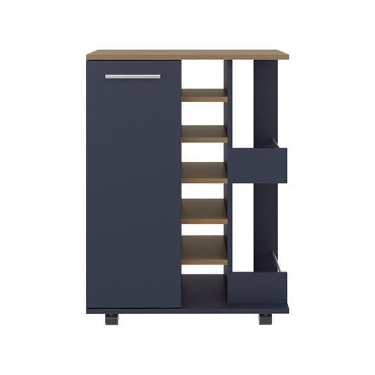 Bar Cart, Two External Shelves, Four Casters, Six Built-In Wine Rack, Single Door Cabinet, Natural Oak, Blue