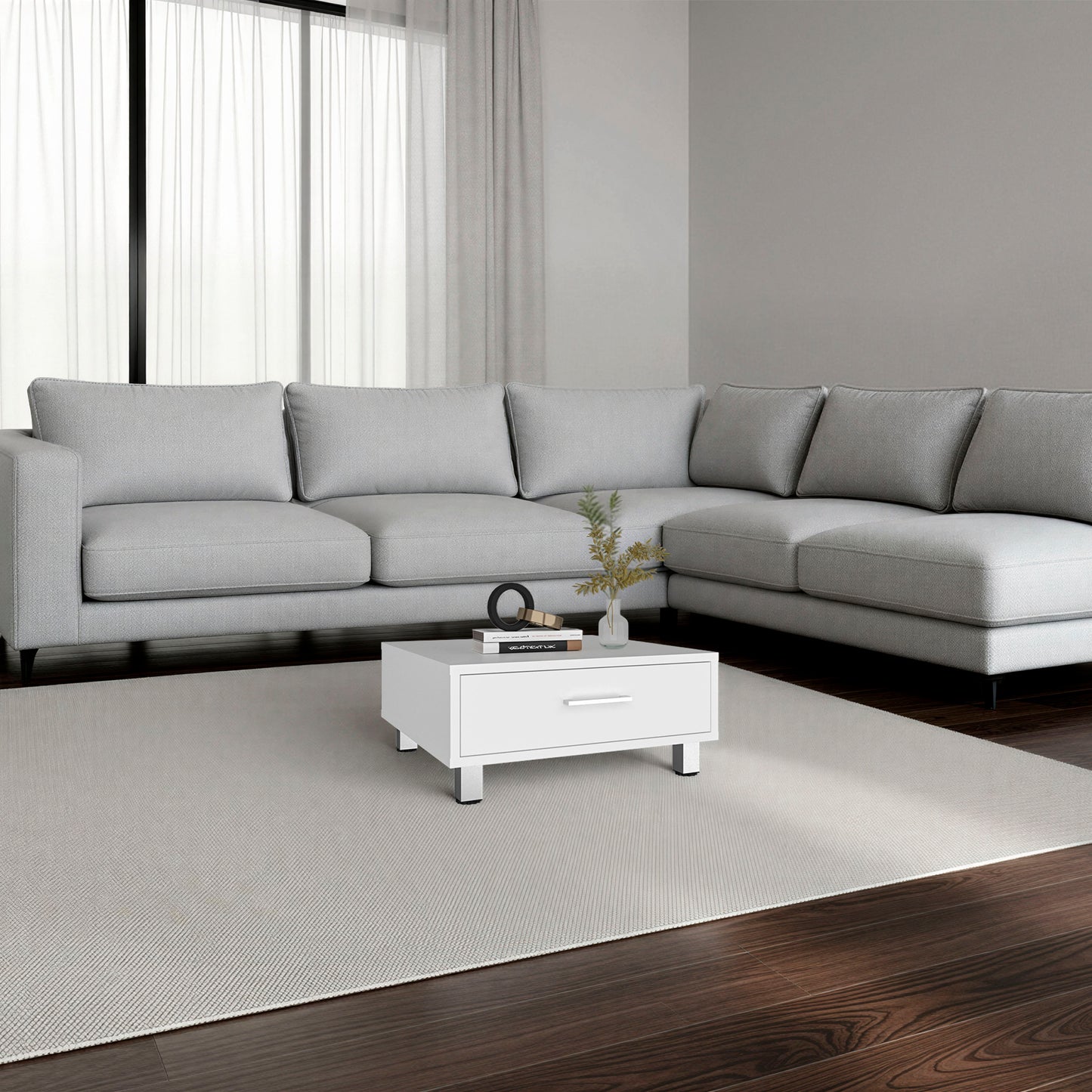 Modern White Coffee Table with Storage Drawer - 23.6" x 23.6" for Living Room