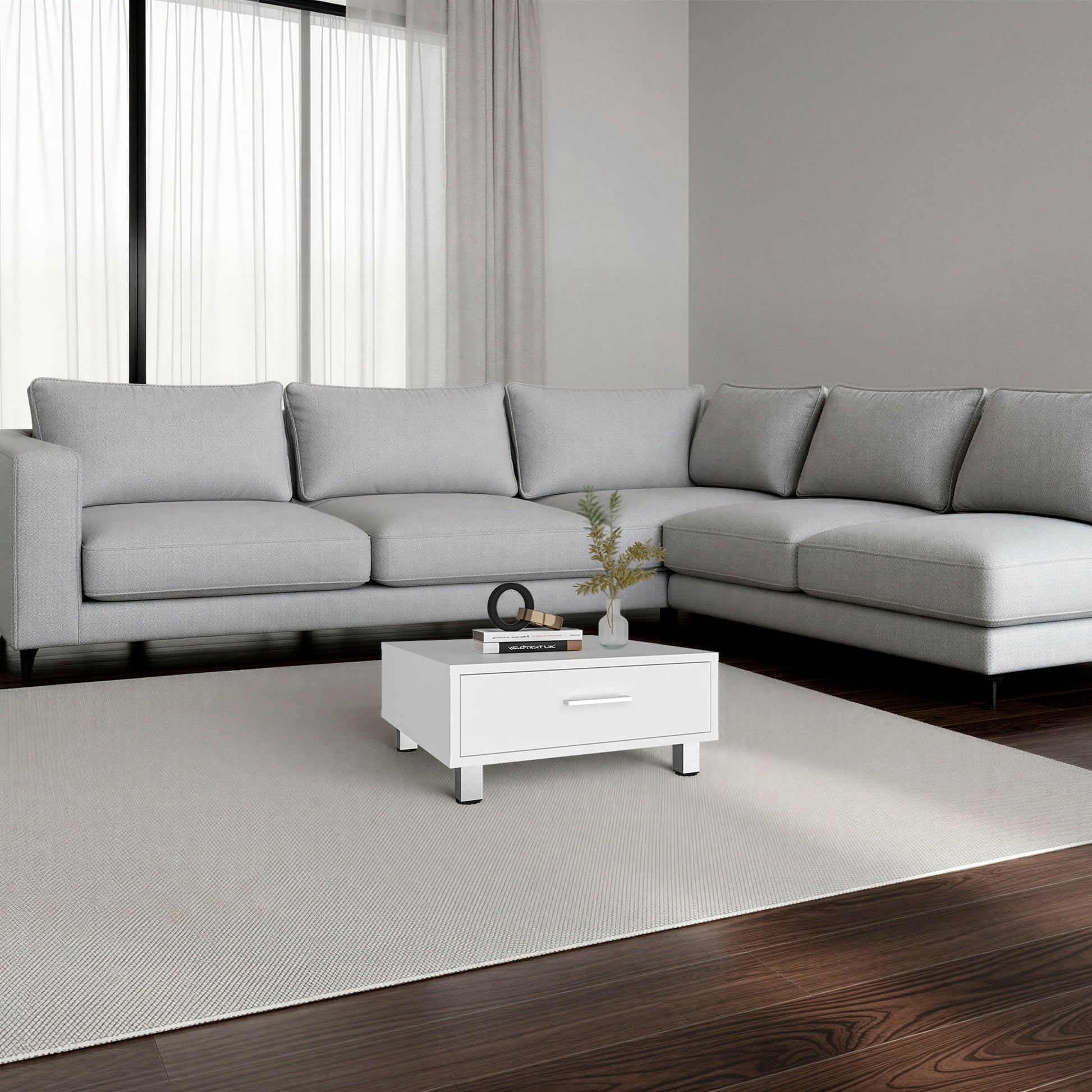 Modern White Coffee Table with Storage Drawer - 23.6" x 23.6" for Living Room