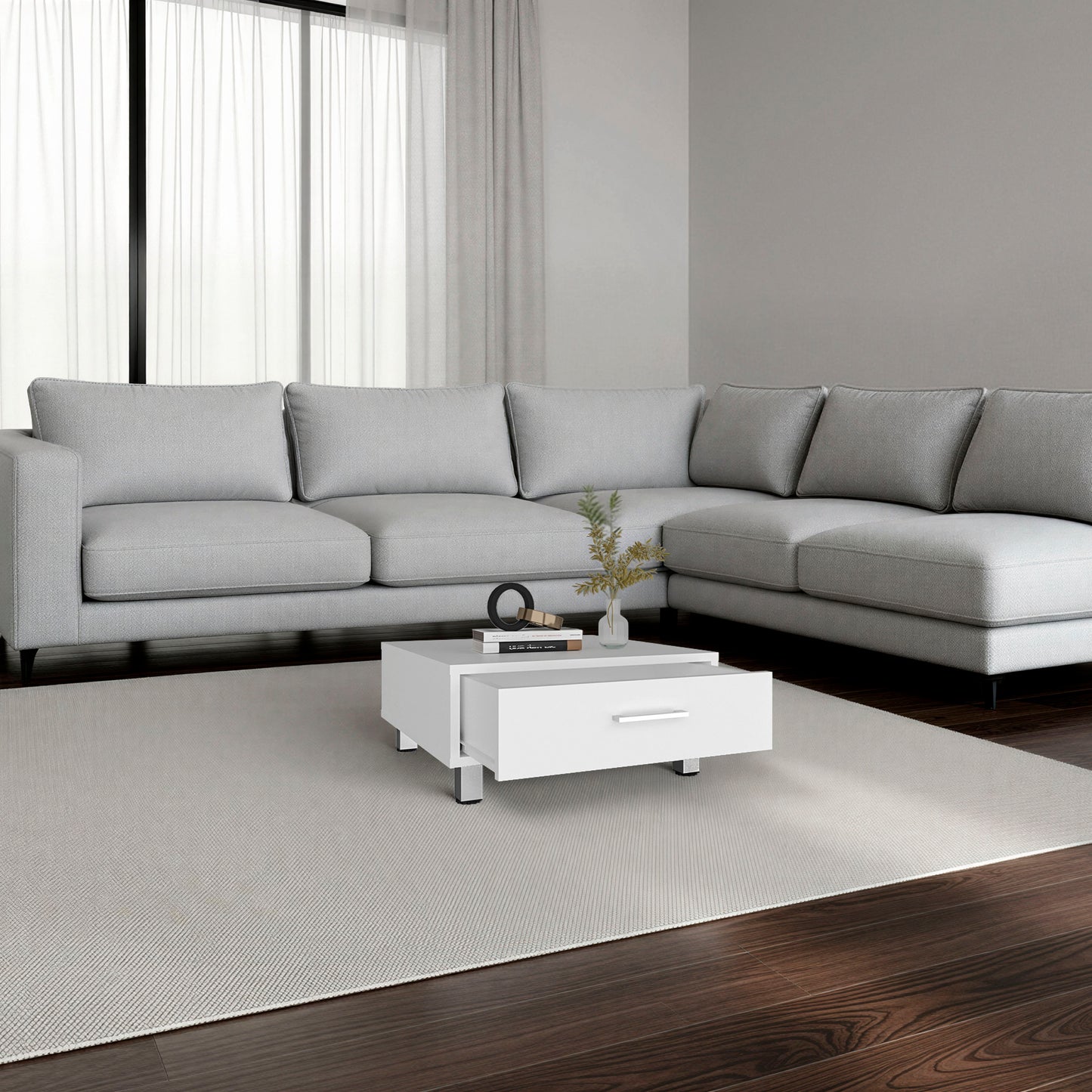 Modern White Coffee Table with Storage Drawer - 23.6" x 23.6" for Living Room