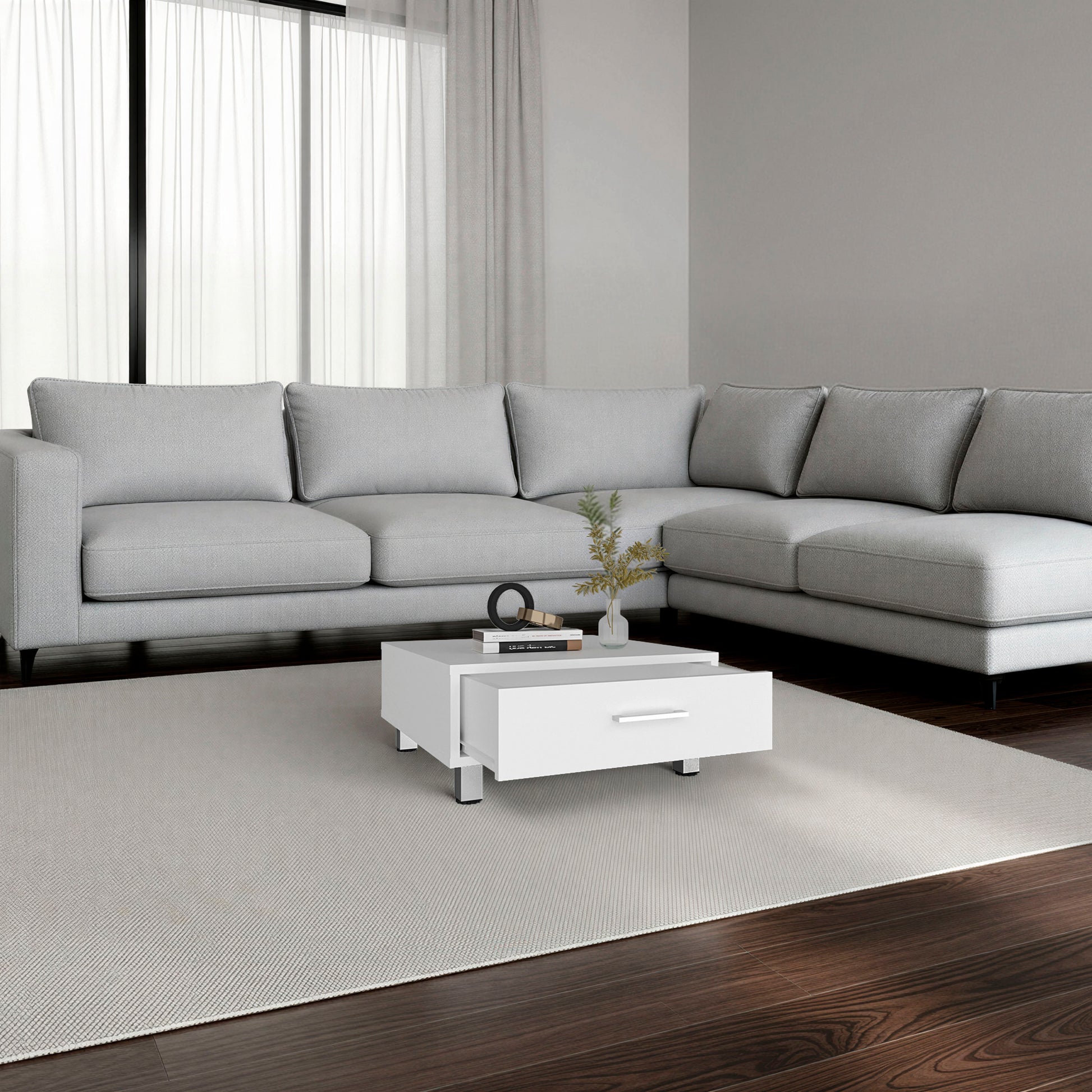 Modern White Coffee Table with Storage Drawer - 23.6" x 23.6" for Living Room