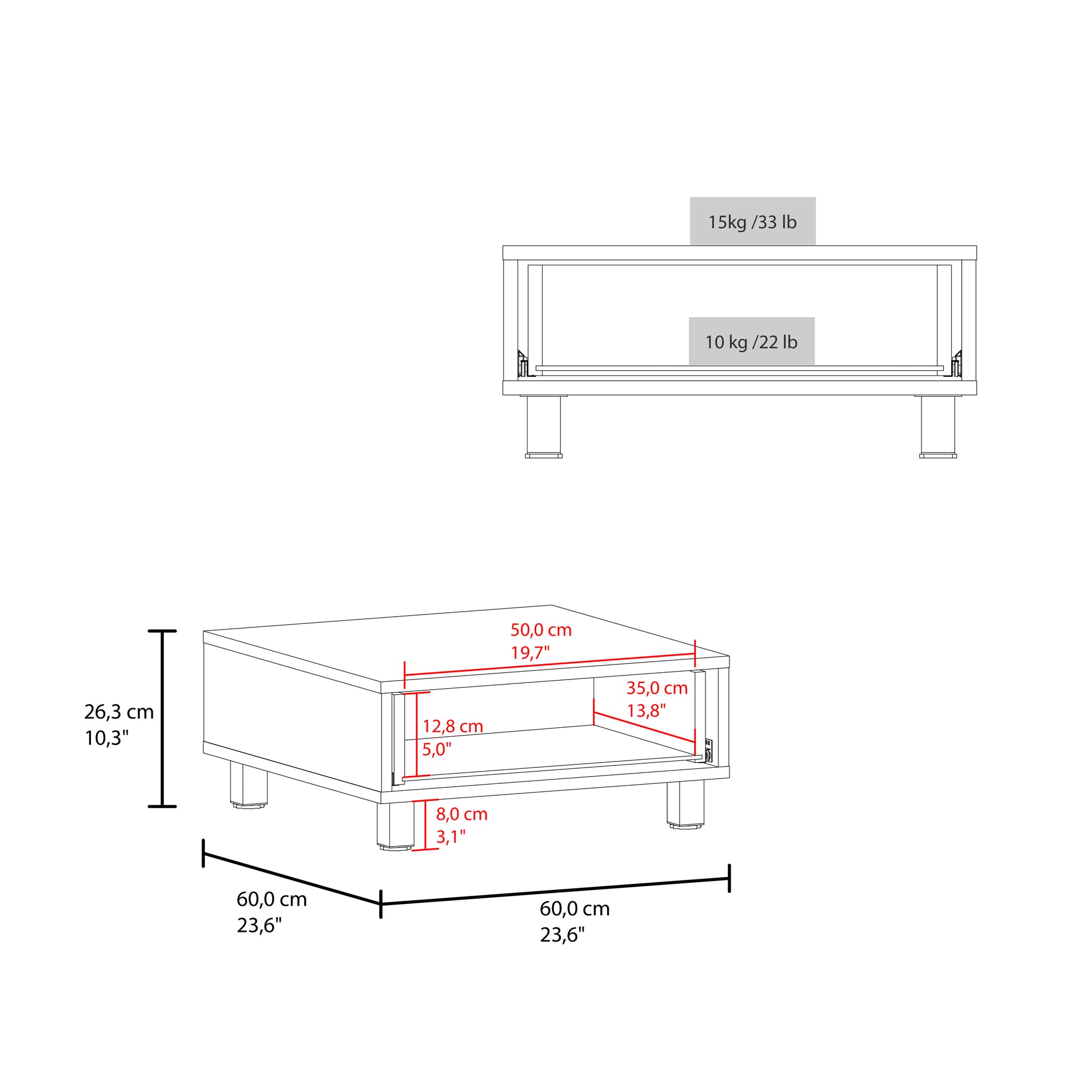 Modern White Coffee Table with Storage Drawer - 23.6" x 23.6" for Living Room