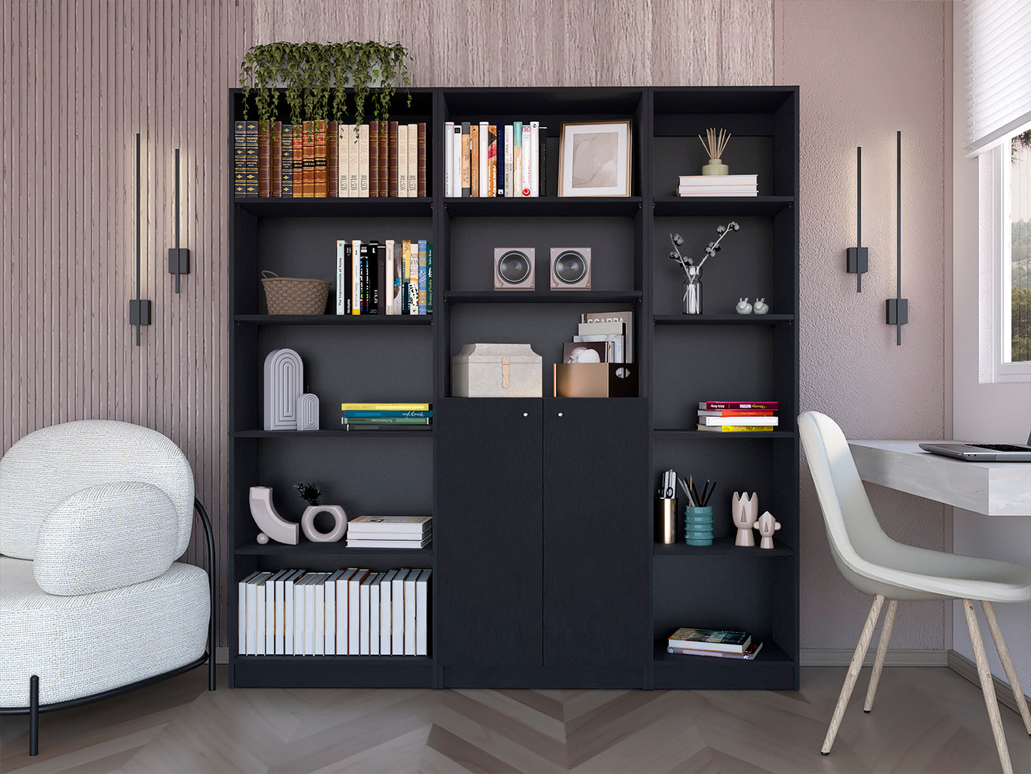Poston 3 Piece Home Bookcase set, 67" Wide with 13 Shelves and Two-Door Cabinet ,  Living Room Set Set  Black