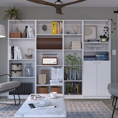 Dupree 4 Piece Home Bookcase set, 91" Wide with 17 Shelves And a Double-Door Cabinet ,  Living Room Set  Whitee