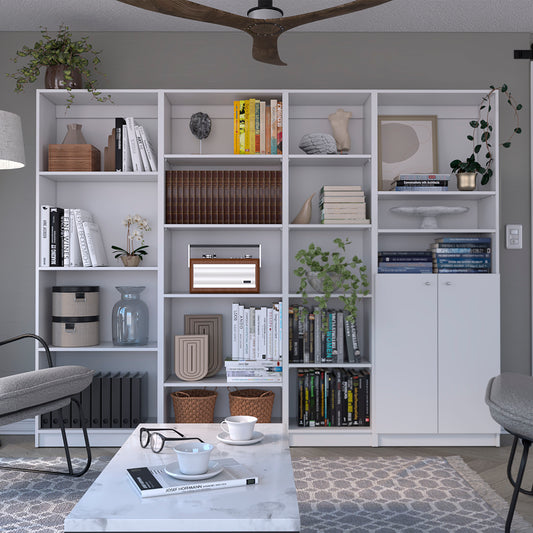 Dupree 4 Piece Home Bookcase set, 91" Wide with 17 Shelves And a Double-Door Cabinet ,  Living Room Set  Whitee