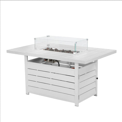 54.3 Inches Outdoor Patio White Aluminum Fire Pit Table, 50000 BTU CSA Certified Propane Gas Fire Pit, Rectangular Fire Table w/Stainless Burner, Lava Rock, Waterproof Cover