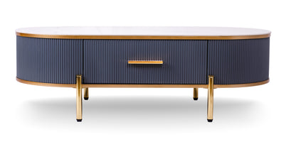 White Gray Oval Coffee Table with Drawers - Mid-Century Modern Style