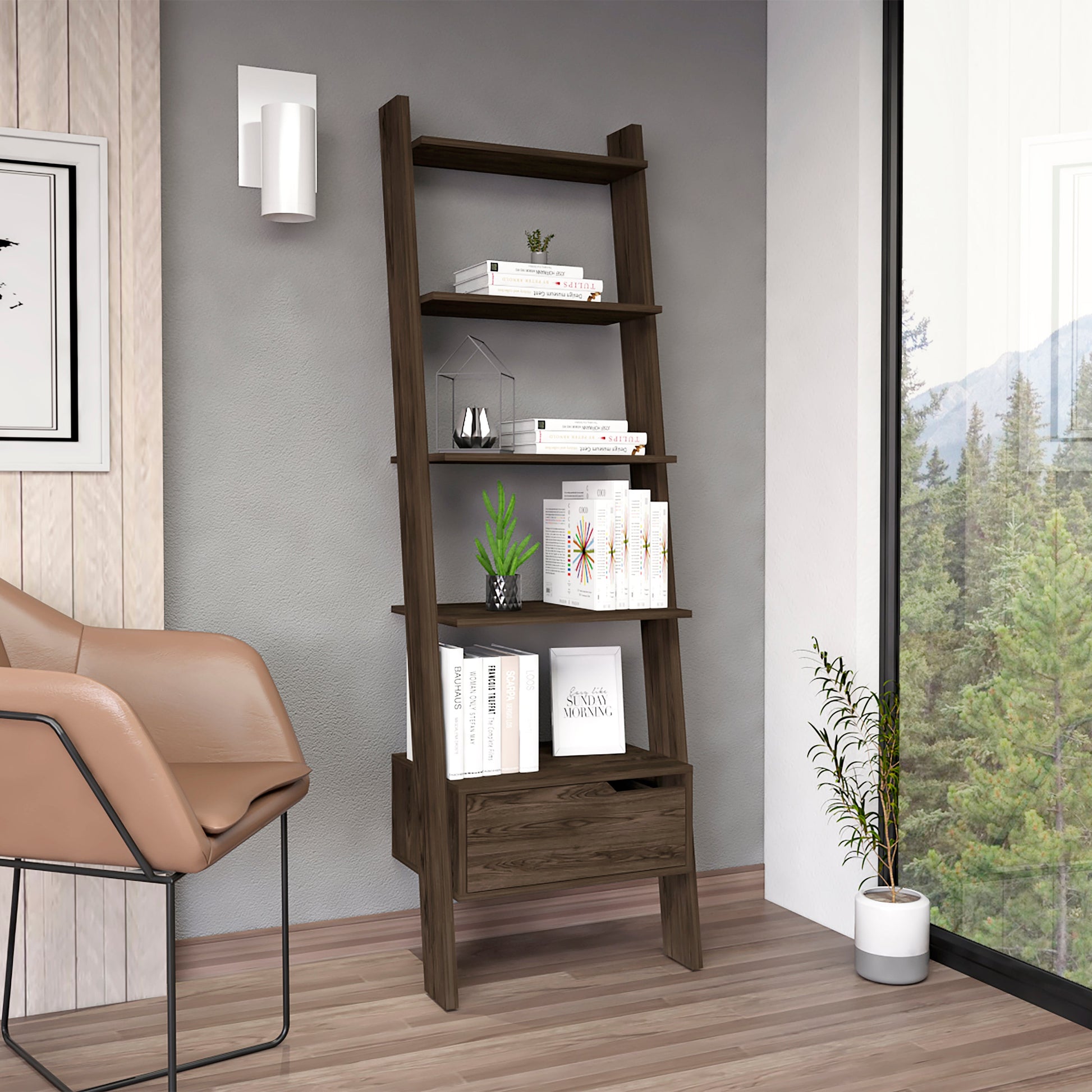 Ladder Bookcase, One Drawer, Five Open Shelves, Dark Walnut
