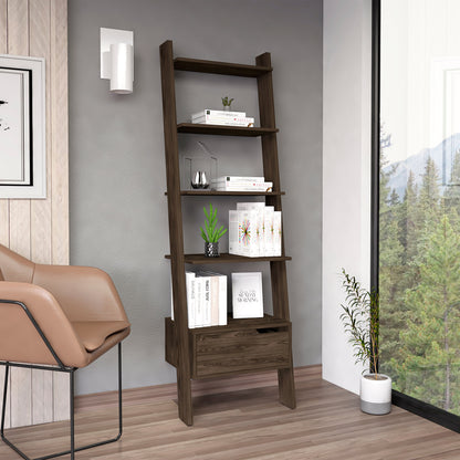Ladder Bookcase, One Drawer, Five Open Shelves, Dark Walnut