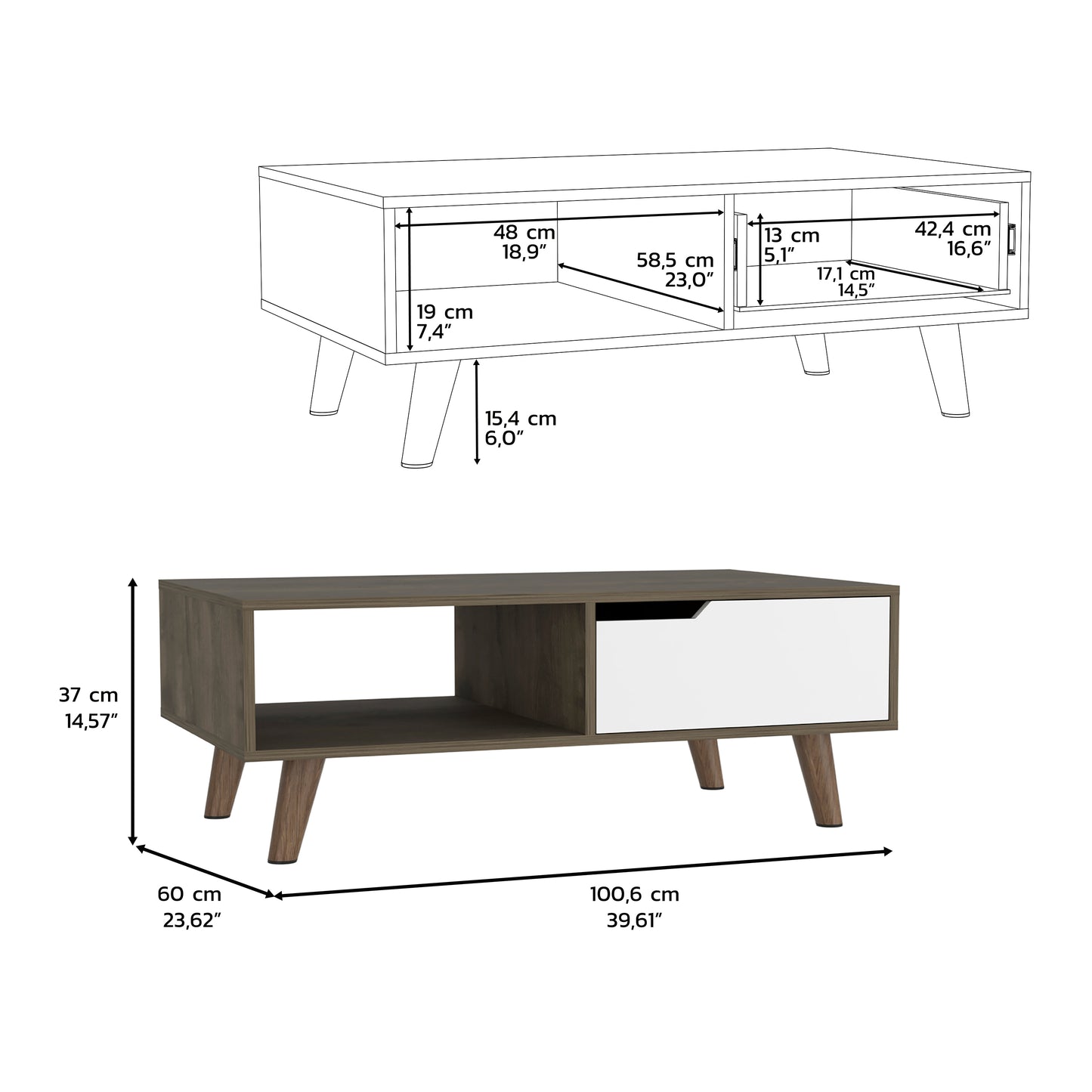 Multicolor Coffee Table with Storage Shelves & Drawer