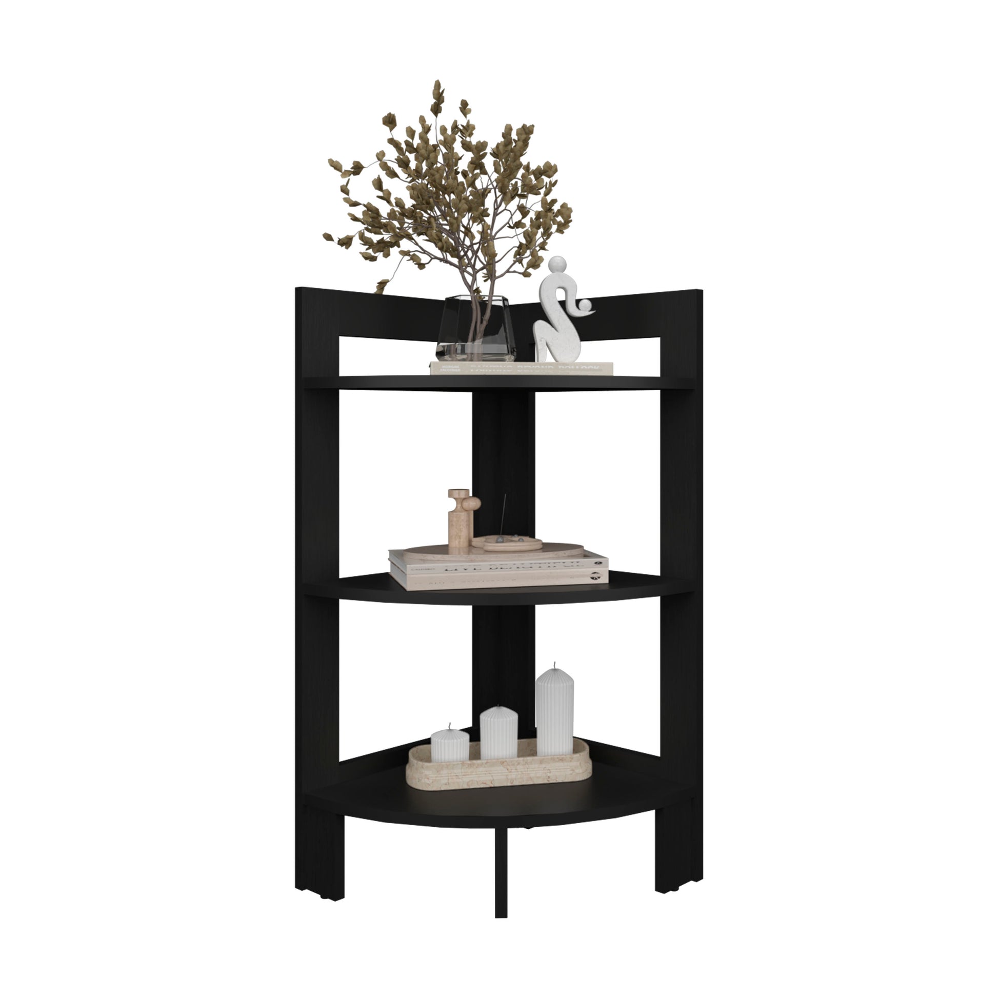 Modern Black Side Table with 3 Shelves for Bedroom Storage for Living Room