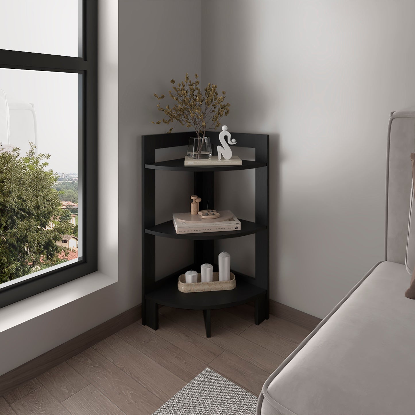 Side Table 31.70" H, with 3 Shelves, 3 Legs, Black