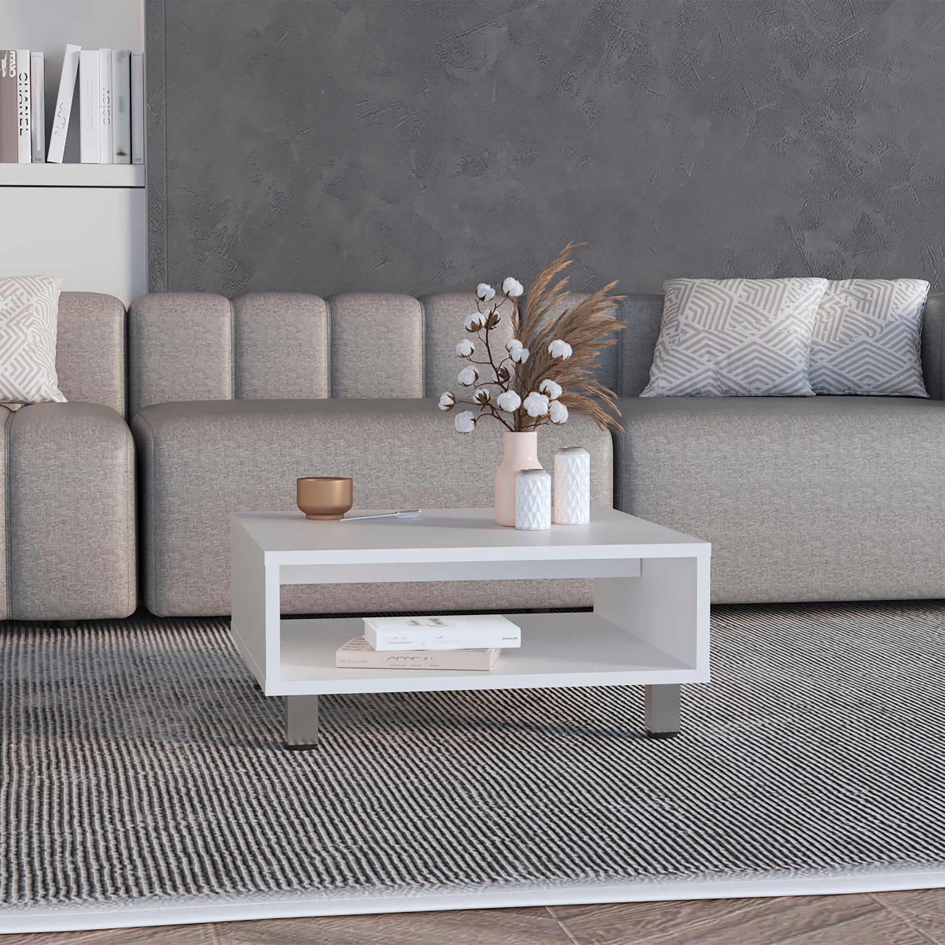 Coffee Table 10.6" H, 1 shelf, 4 legs, White