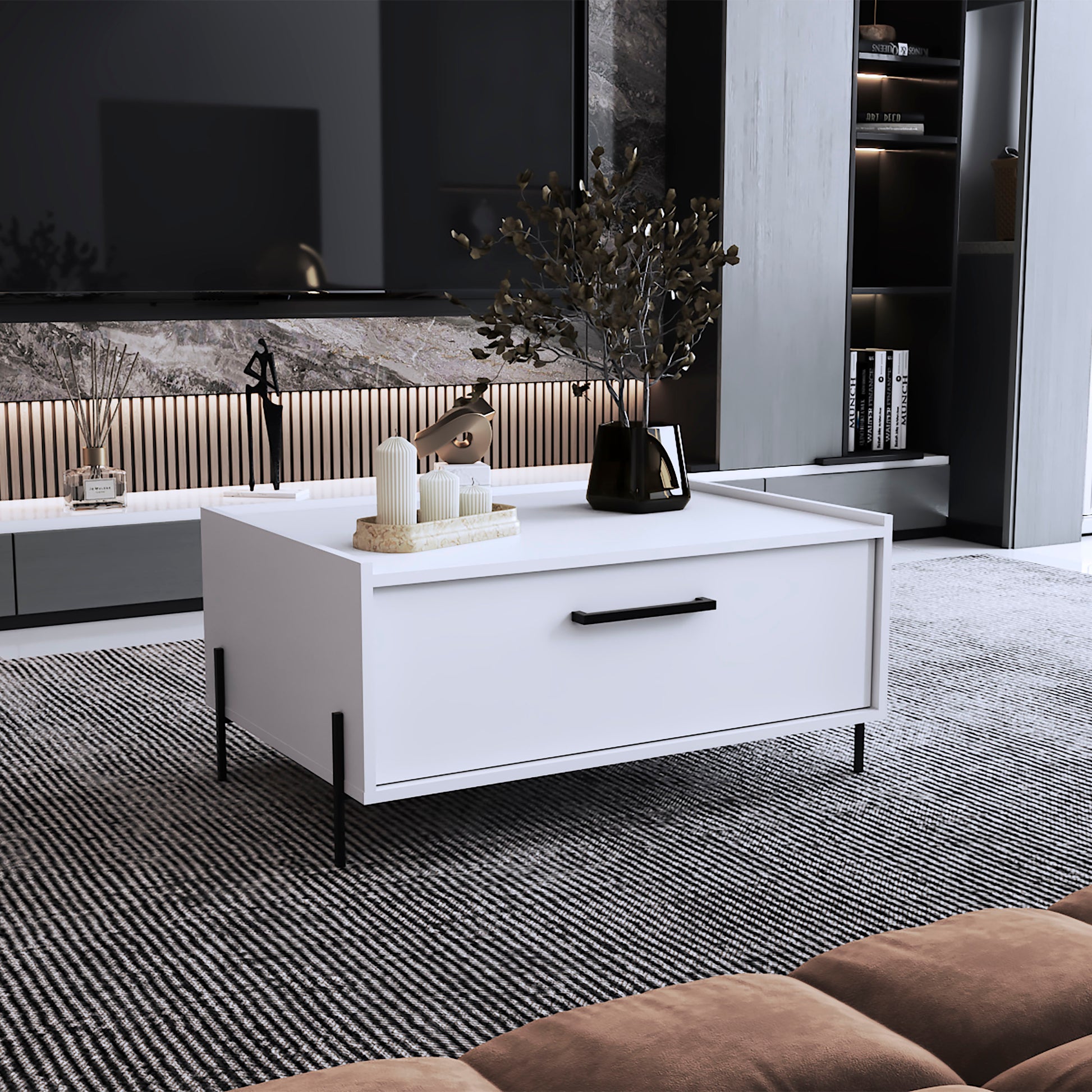 Coffee Table 15.6" H, 1 shelf, 4 legs, White
