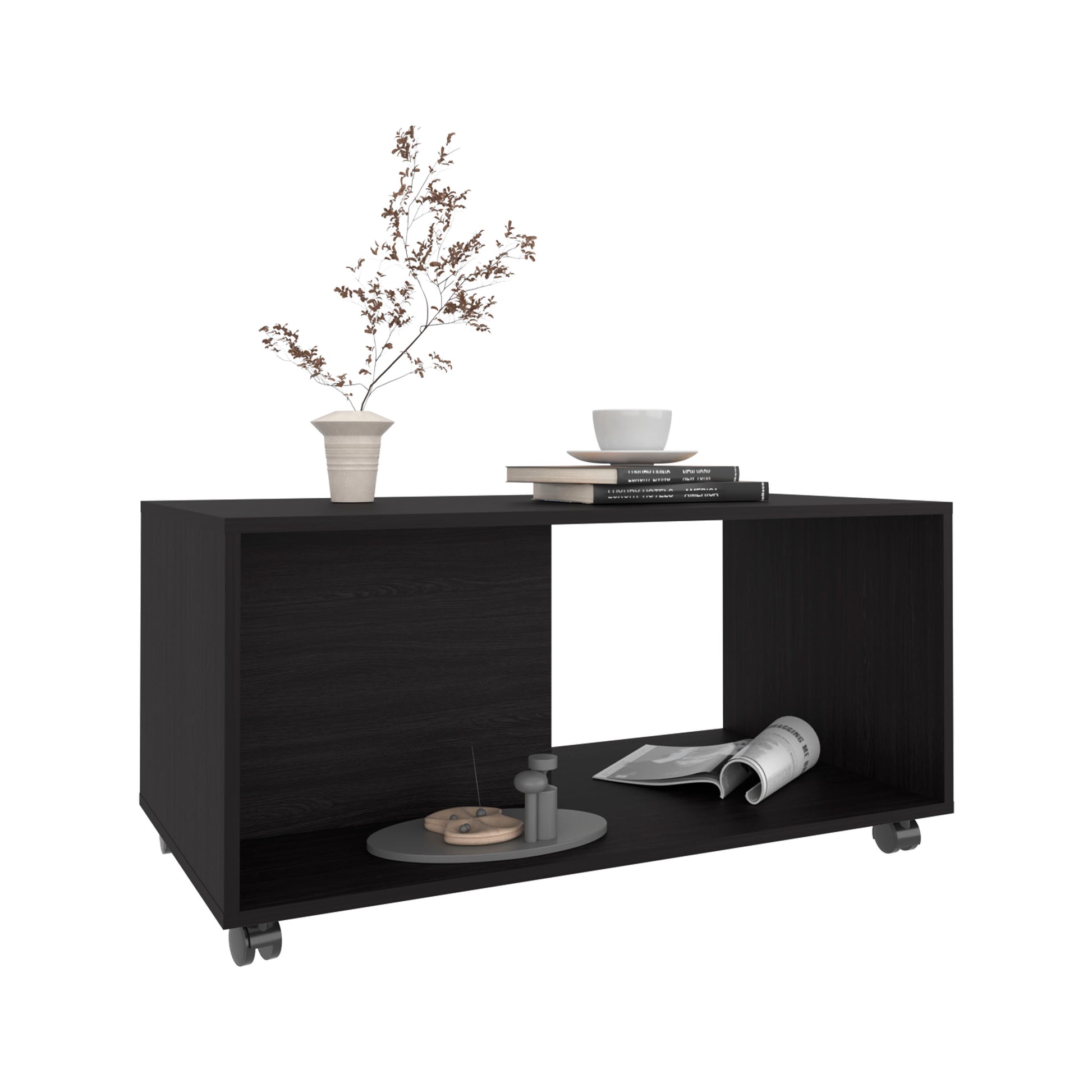 Black Engineered Wood Coffee Table with Wheels for Living Room Storage