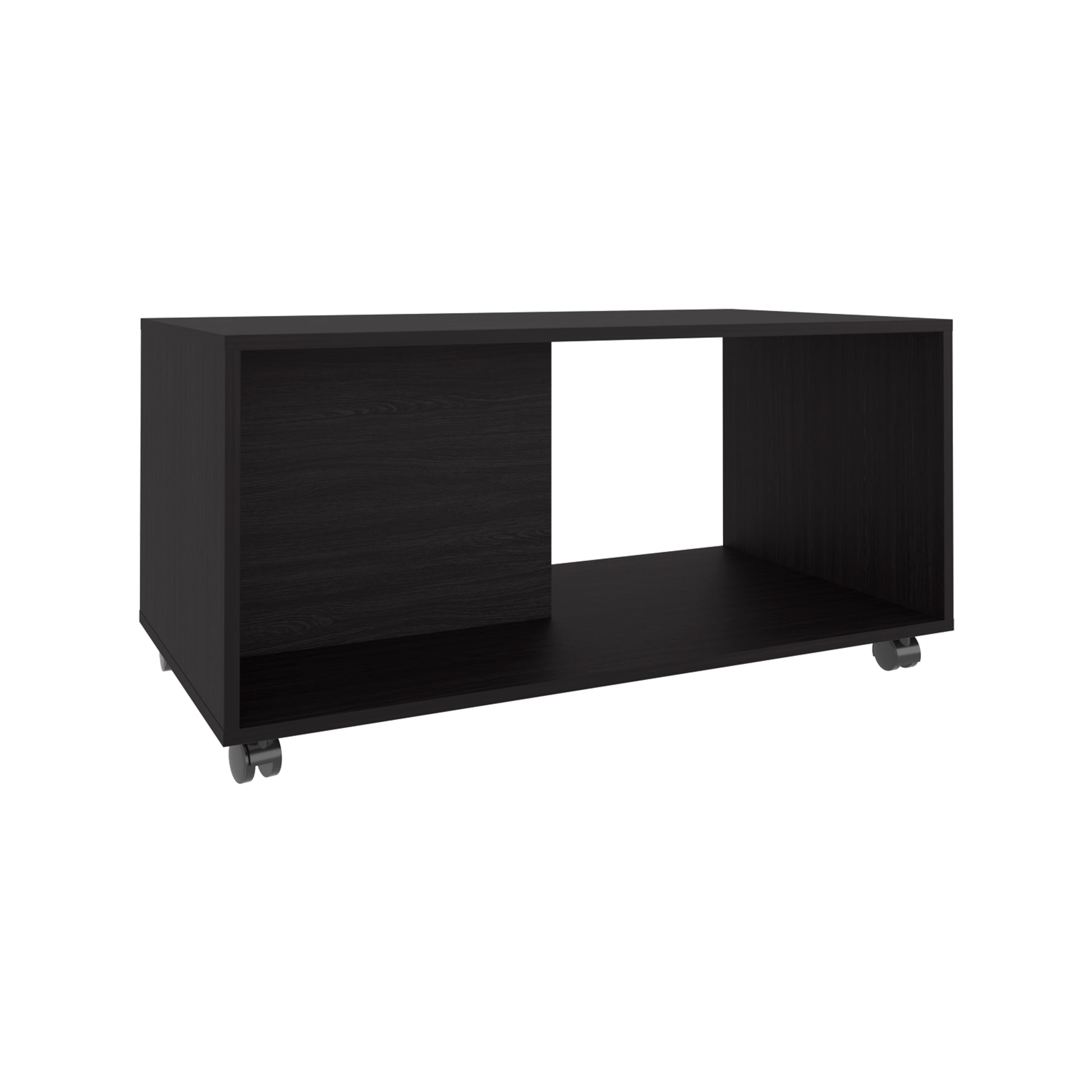 Black Engineered Wood Coffee Table with Wheels for Living Room Storage