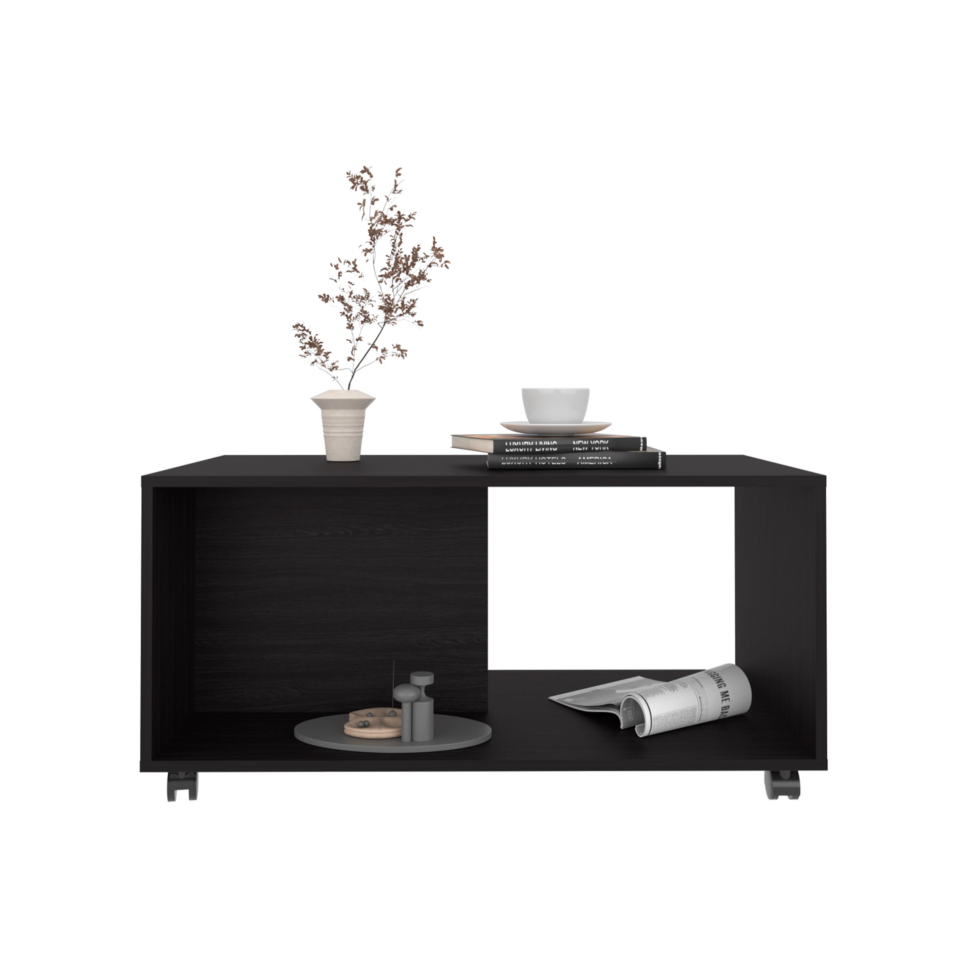Black Engineered Wood Coffee Table with Wheels for Living Room Storage