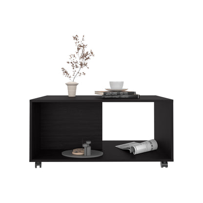 Black Engineered Wood Coffee Table with Wheels for Living Room Storage