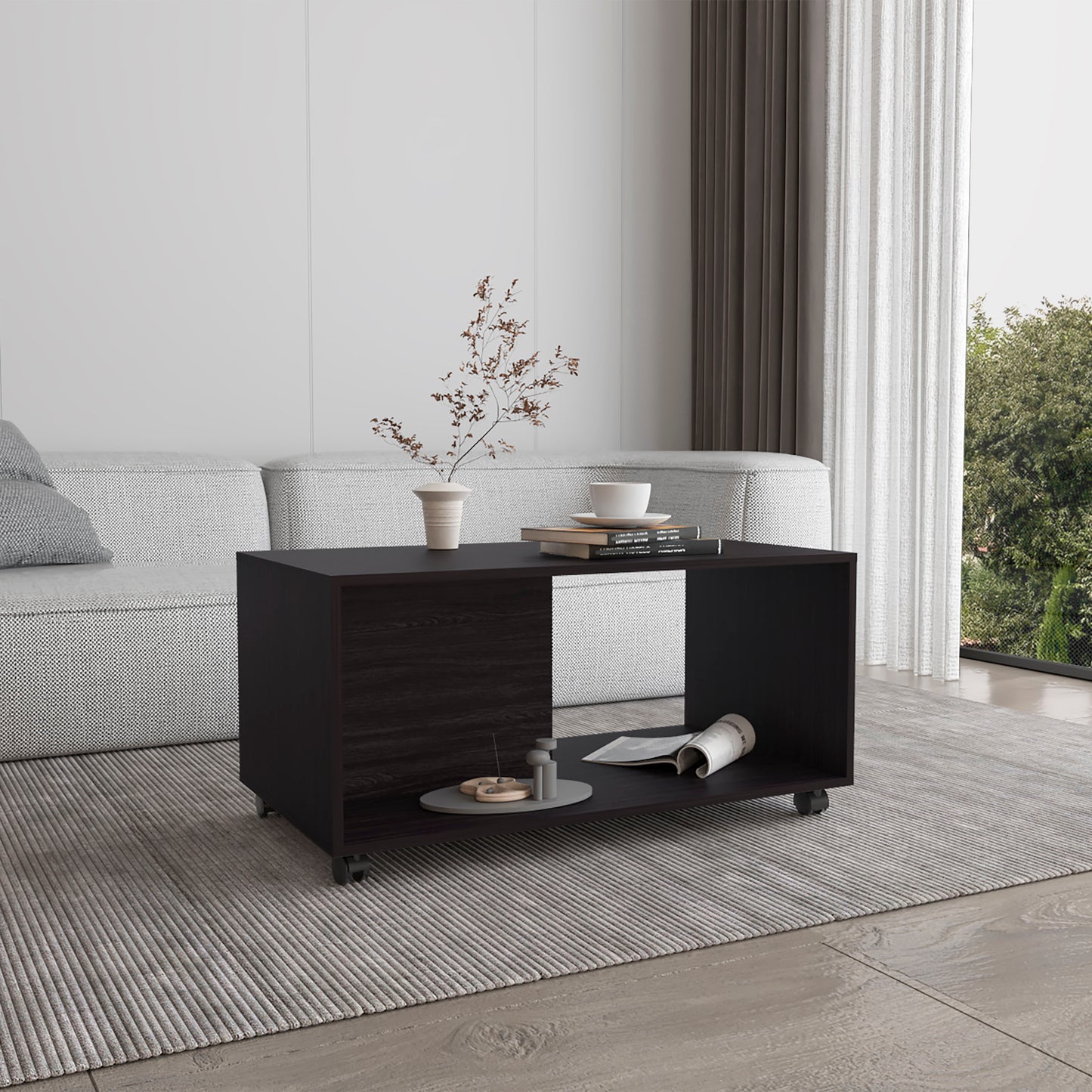 Coffee Table,  4 Wheels, 1 Shelf, Black