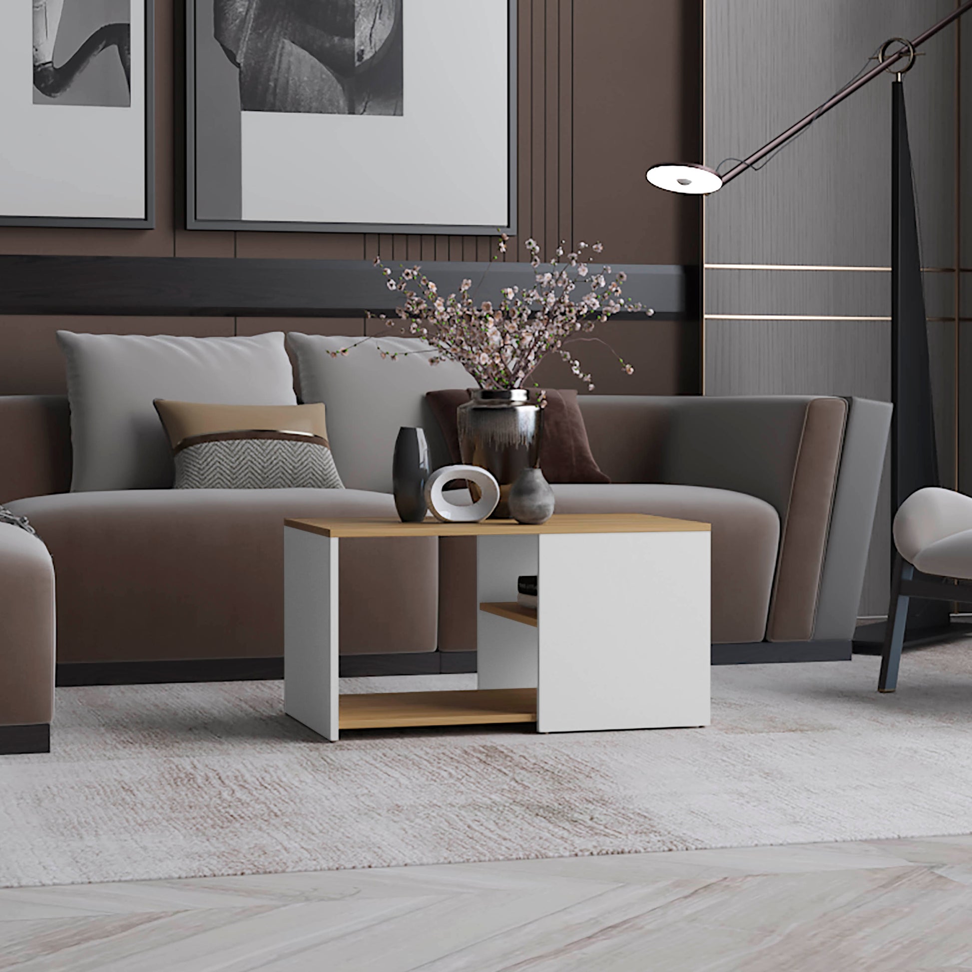 Coffee Table, 2 Shelves, White / Natural Oak