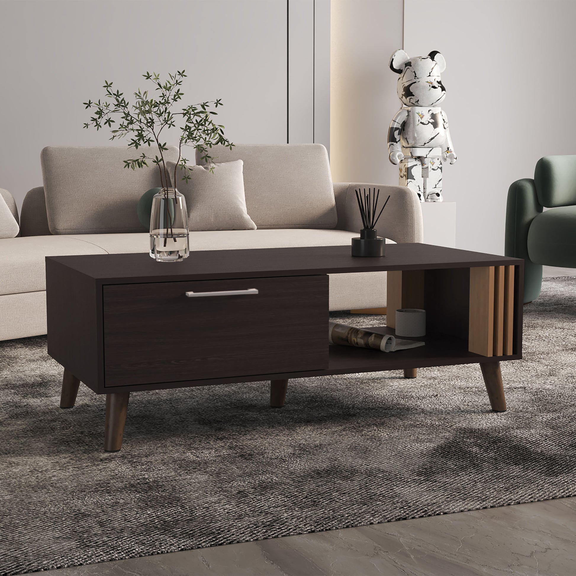 Coffee Table, 1 Door, 1 Shelf, Black / Natural Oak