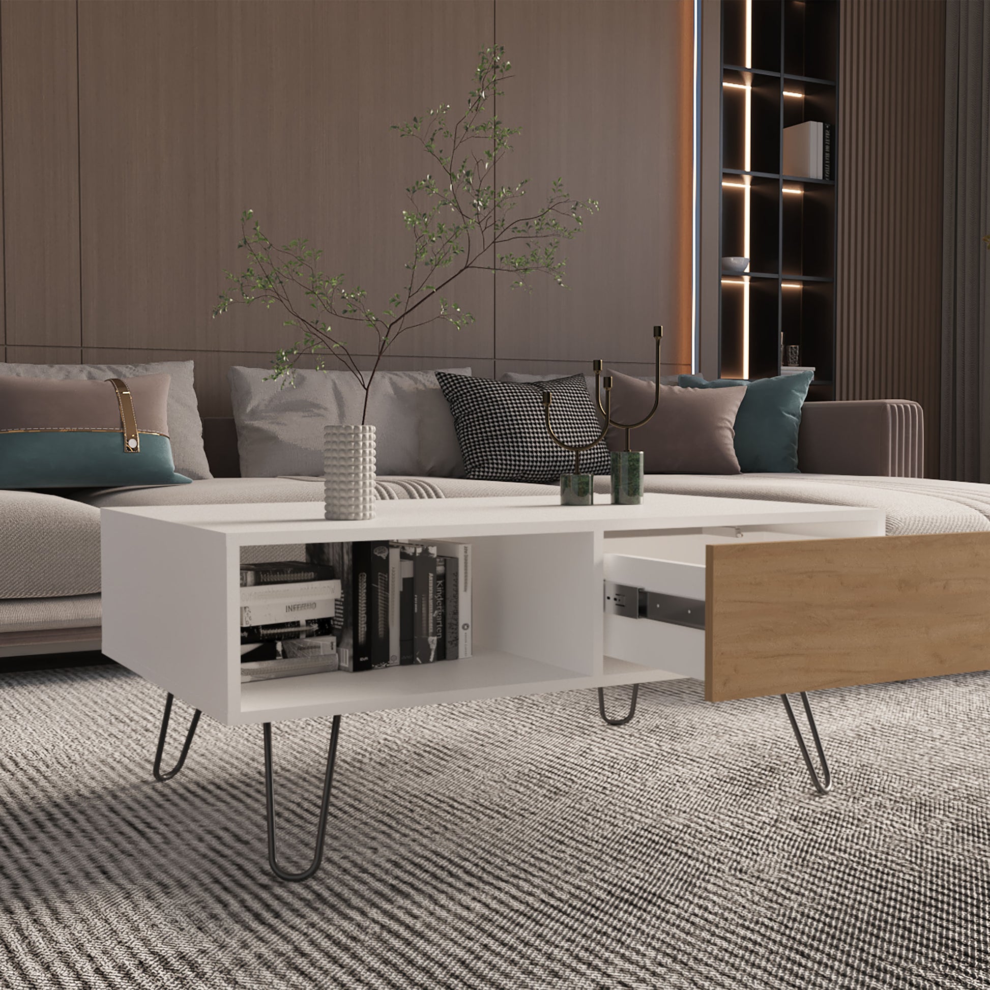 White & Light Oak Coffee Table with Storage