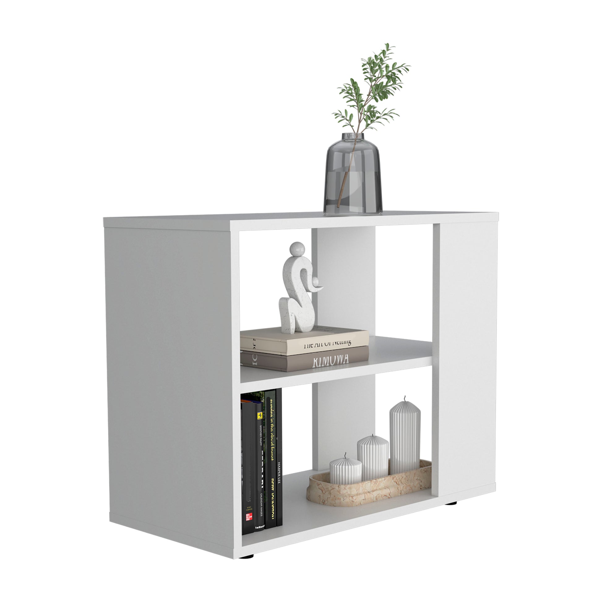 White Engineered Wood Storage Table with 2 Shelves for Living Room