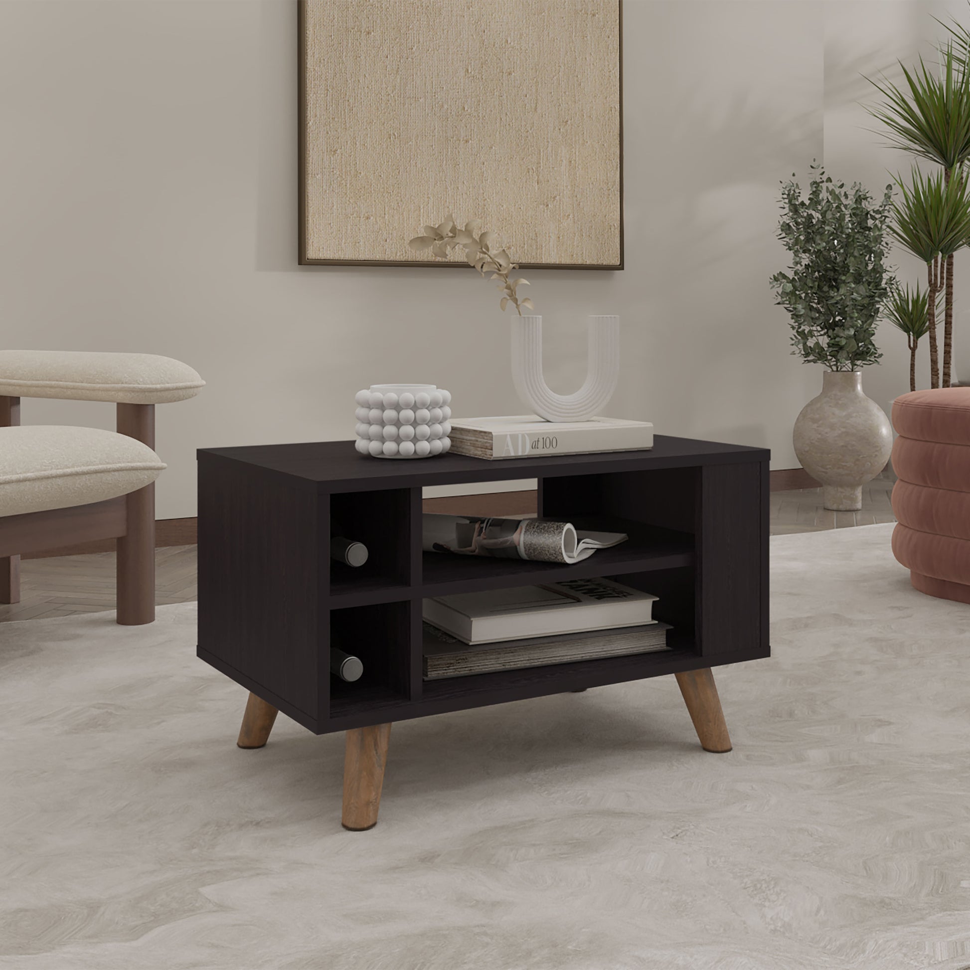Coffee Table, 4 Shelves, 4 Legs, Black Wengue