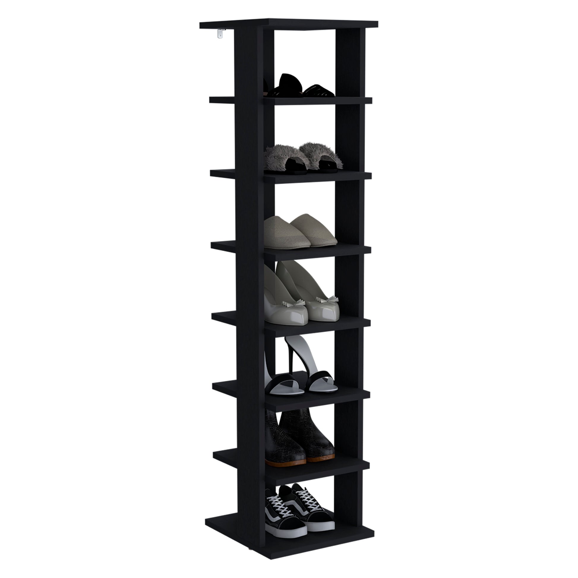 Black 7-Shelf Shoe Rack - Engineered Wood Display Shelving for Living Room