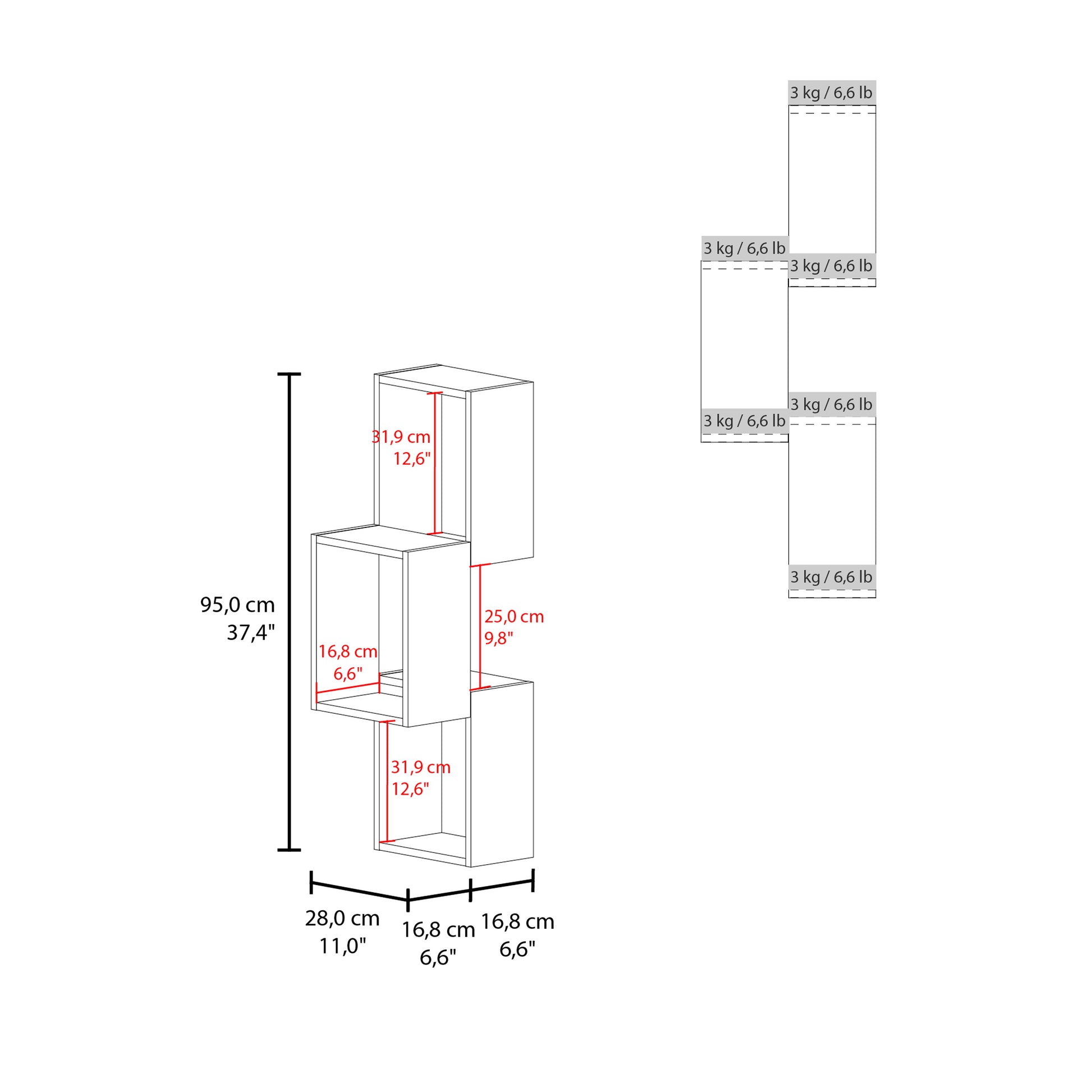 Wall Shelf, 3 Shelves, Black Wengue - Display & Storage