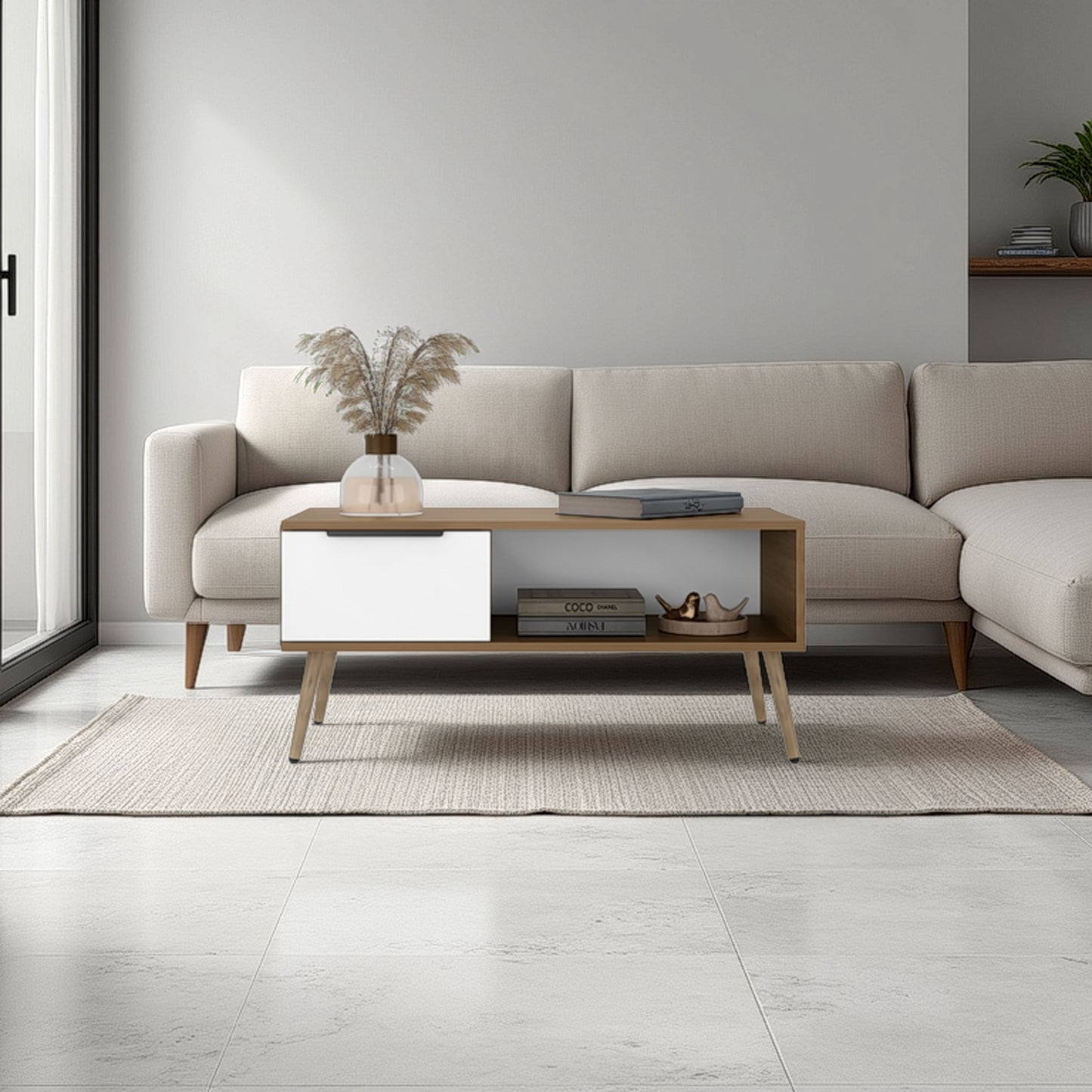 Basset Coffee Table, 1 Drawer, 1 Shelf, 4 Legs, Natural Oak / White