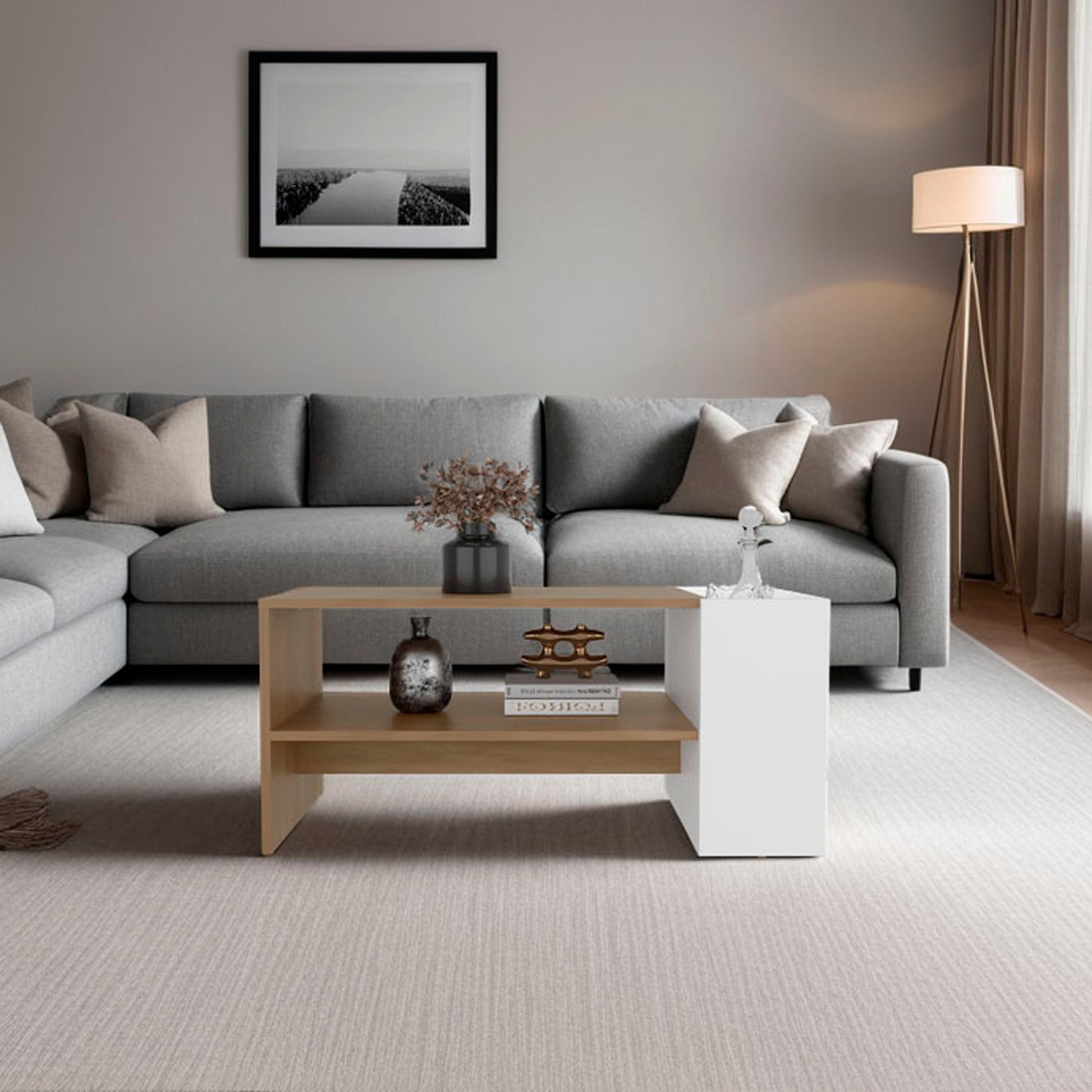 Galatia Coffee Table, 1 Shelf, Natural Oak / White