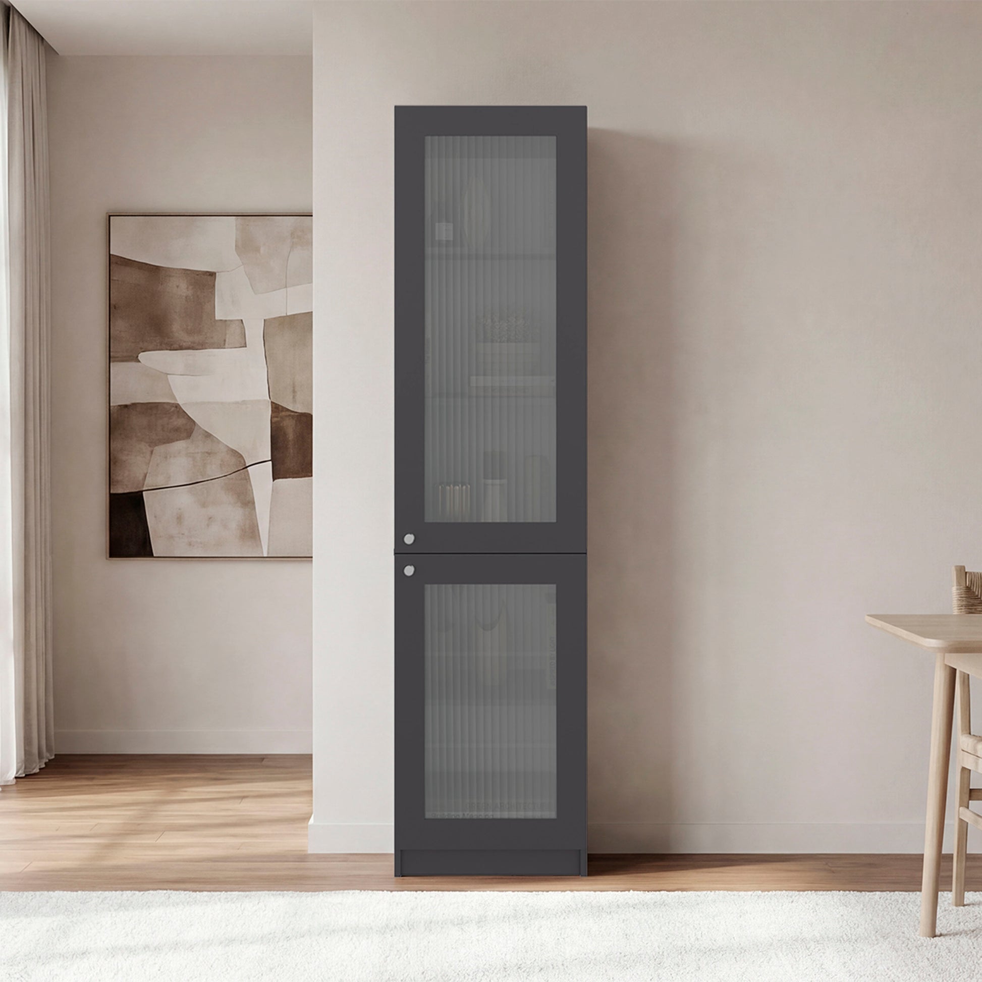 Tall Bookcase 71" H with 2 Fluted Panel Doors and Five Interior Shelves, Matt Gray/White