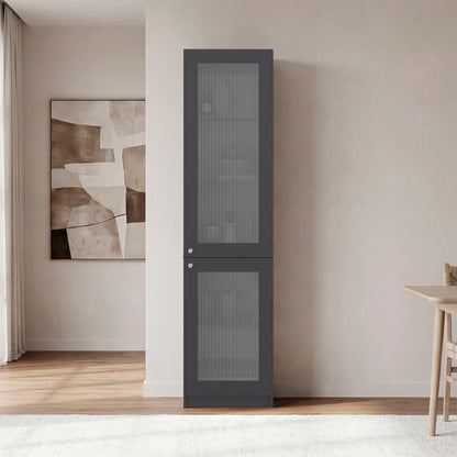 Tall Bookcase 71" H with 2 Fluted Panel Doors and Five Interior Shelves, Matt Gray/White
