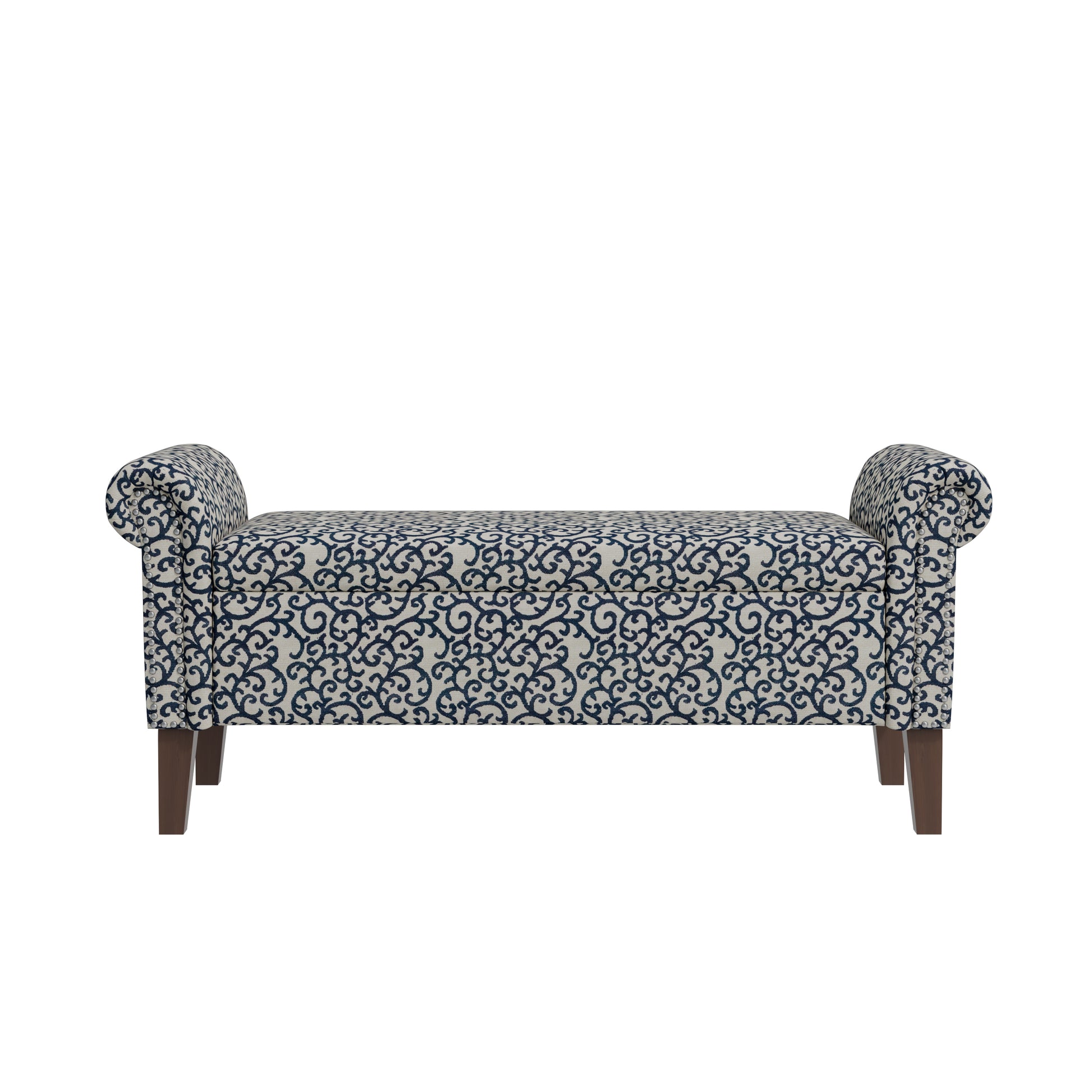 Wallen Traditional Rolled Arm Storage Bench Ottoman with Pewter Nailhead Trim in Black Curly Vine Pattern with Dark Brown Solid Wood Legs
