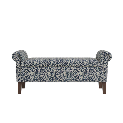 Wallen Traditional Rolled Arm Storage Bench Ottoman with Pewter Nailhead Trim in Black Curly Vine Pattern with Dark Brown Solid Wood Legs