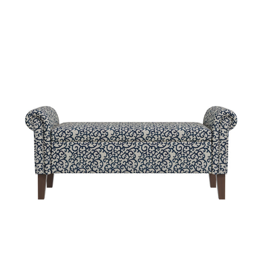 Wallen Traditional Rolled Arm Storage Bench Ottoman with Pewter Nailhead Trim in Black Curly Vine Pattern with Dark Brown Solid Wood Legs