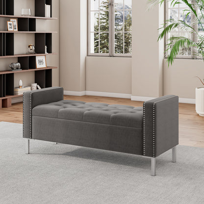 Square Arm Tufted Top Storage Bench Ottoman with Pewter Nailhead Trim in Plush Velvet in Charcoal Gray