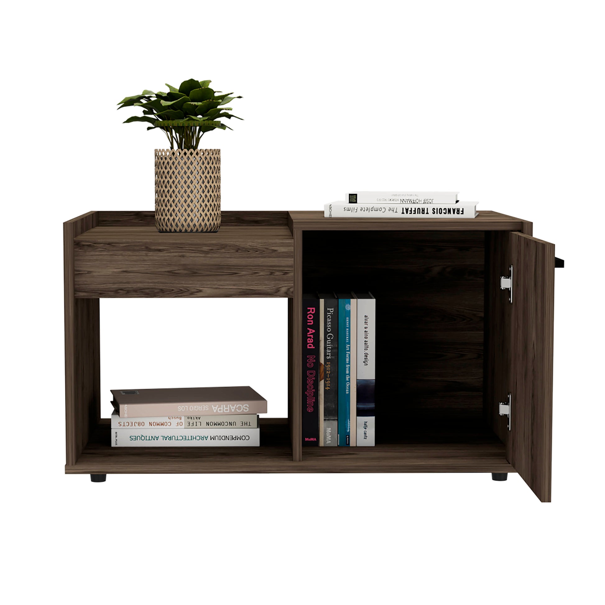 Walnut Brown Rectangular Coffee Table with Shelves