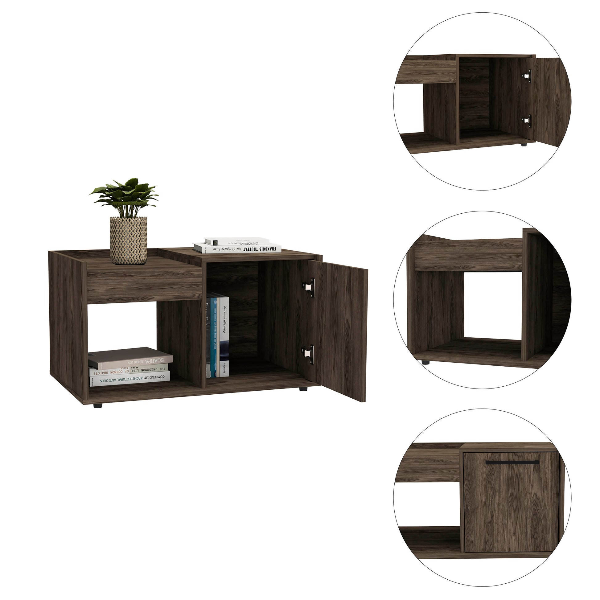 Walnut Brown Rectangular Coffee Table with Shelves