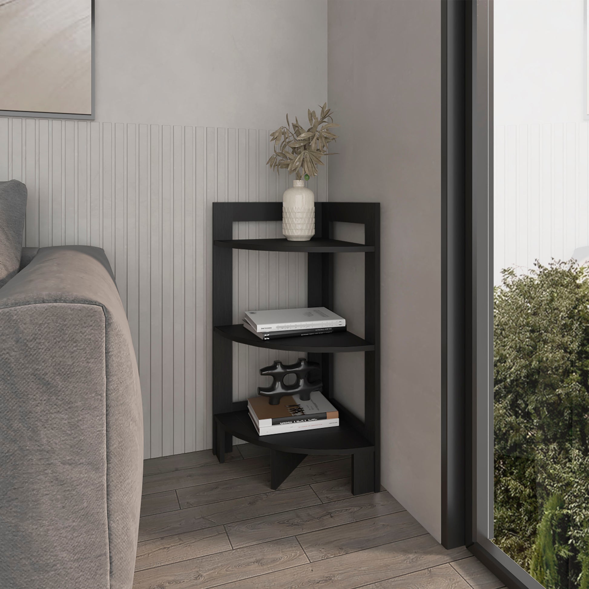 Gisela Corner Shelf With Three Shelves, Black