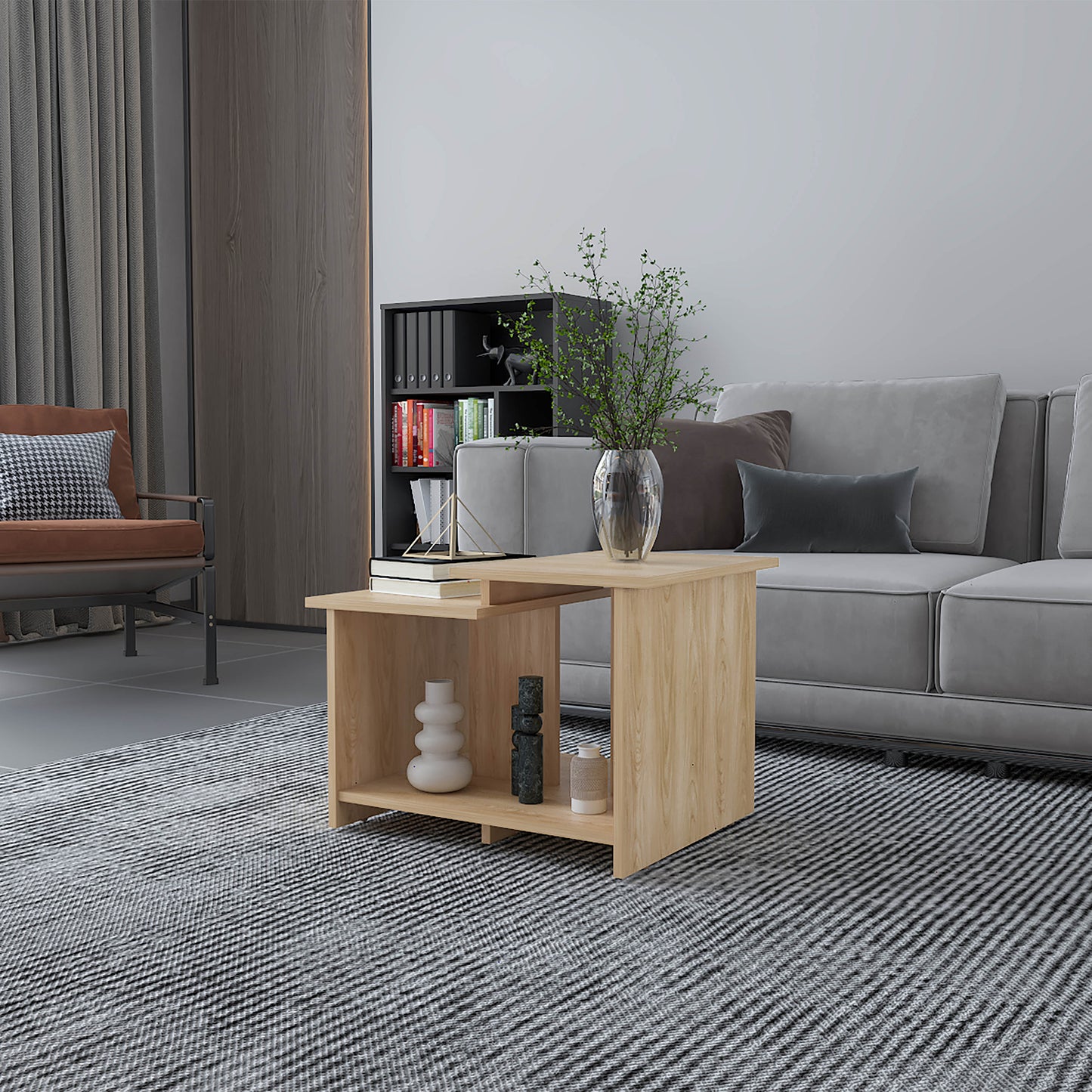 FM FURNITURE Naco Coffee Table with Open Storage, Melamine Finish, Natural Oak