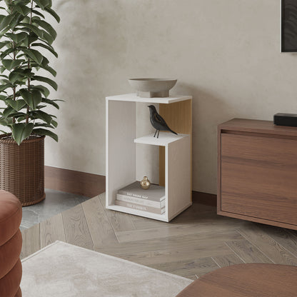 Vega Side Table in Melamine with Open Storage, White and Light Oak