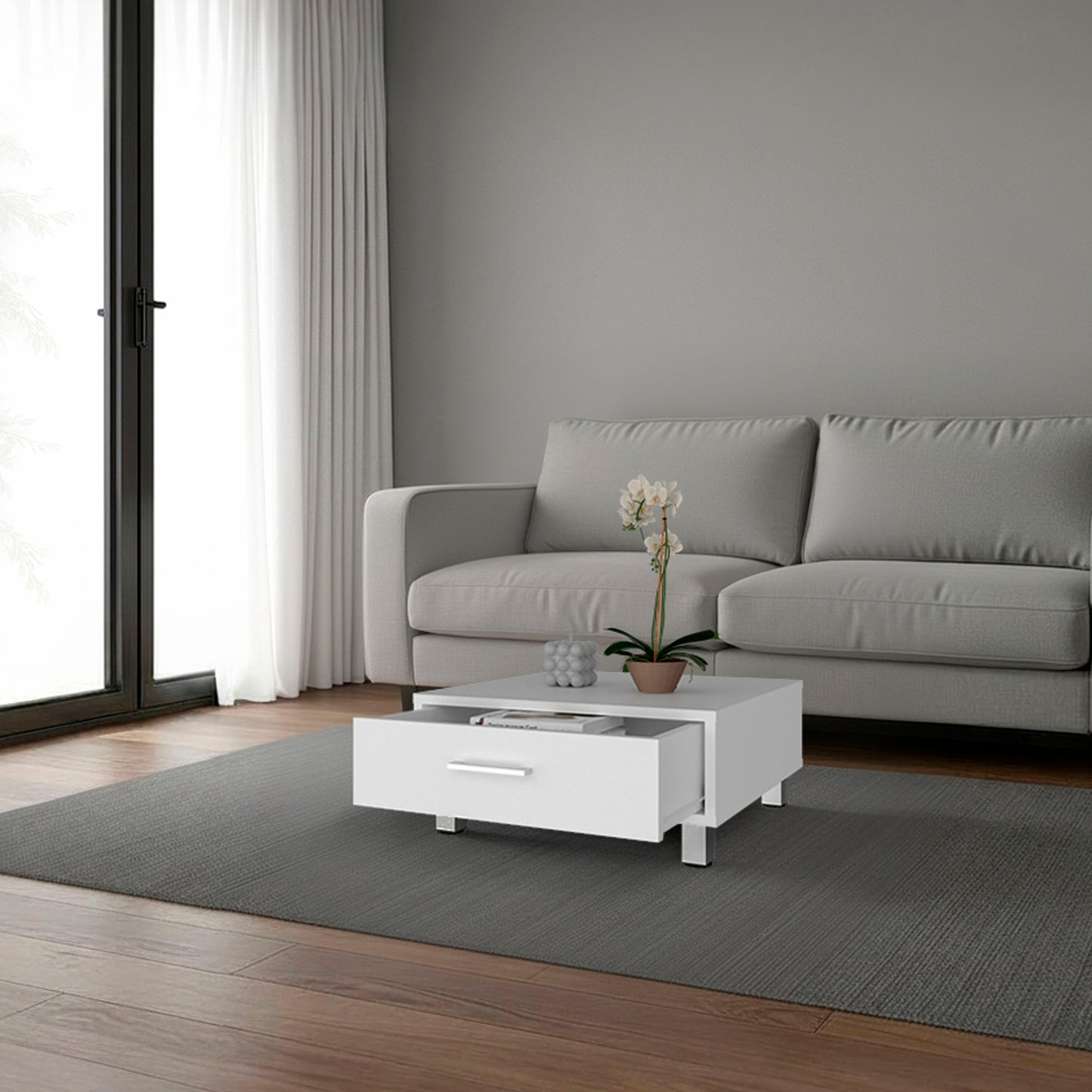 White Coffee Table with Drawer - 23.6" W for Living Room