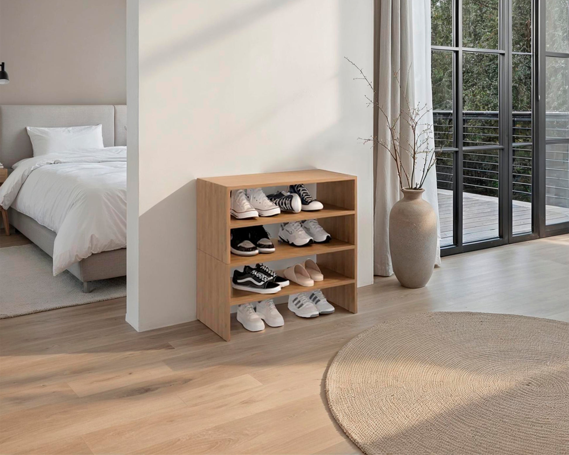 FM FURNITURE Orion Modern Shoe Rack Functional Design for Bedroom and Entryway, Natural Oak